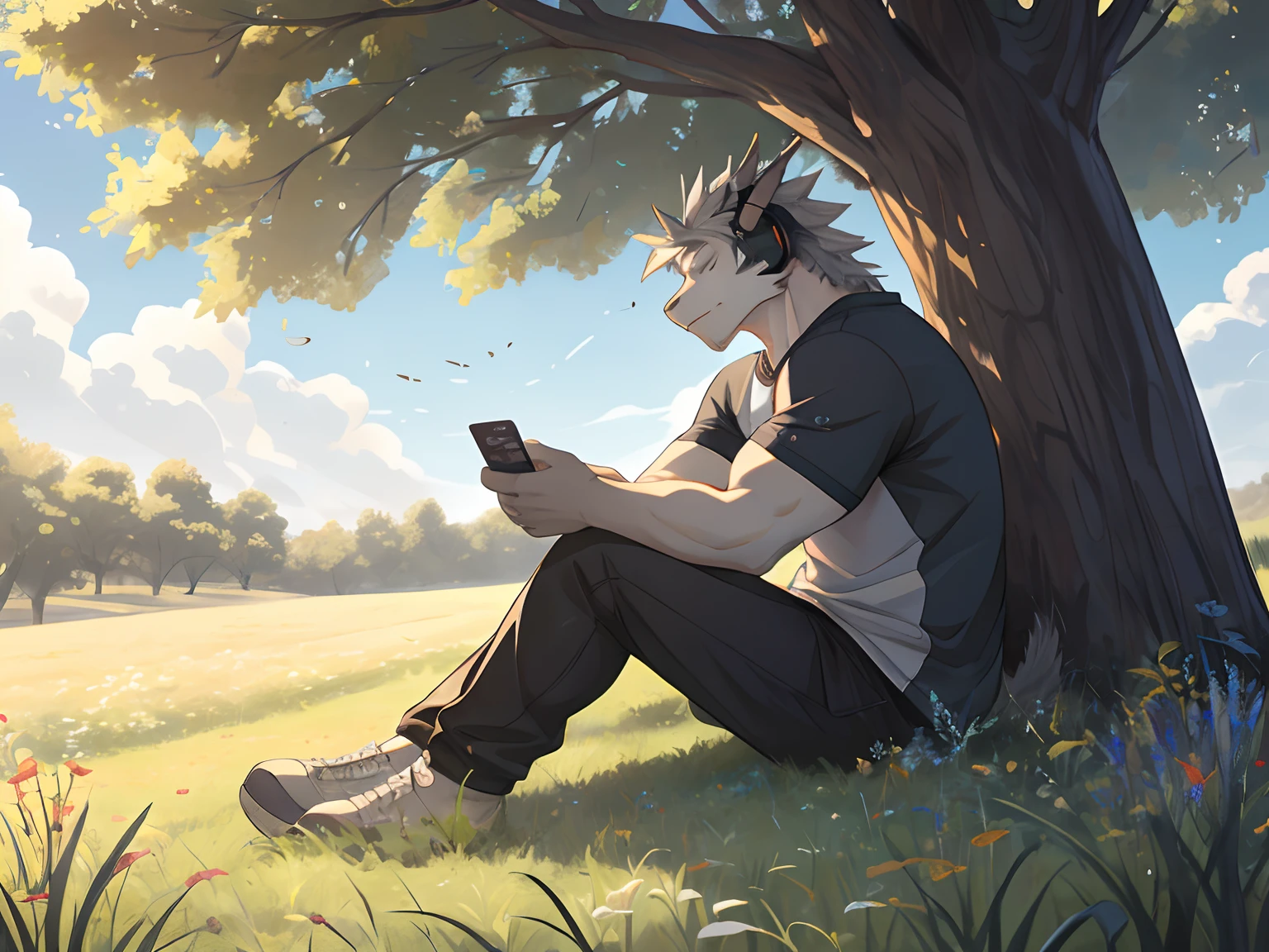 Masterpiece, Furry Gray Dragon, Muscular Body, Eyes Closed, Grey Medium Hair, Casual Set, Casual Clothes, Fierce, Good looking, Sad Expression, Sad Vibes, Sitting in Grass, Near Tree, Alone, Feeling the breeze wind, Afternoon, Listening To Music, Wearing Earphone, Field Background.