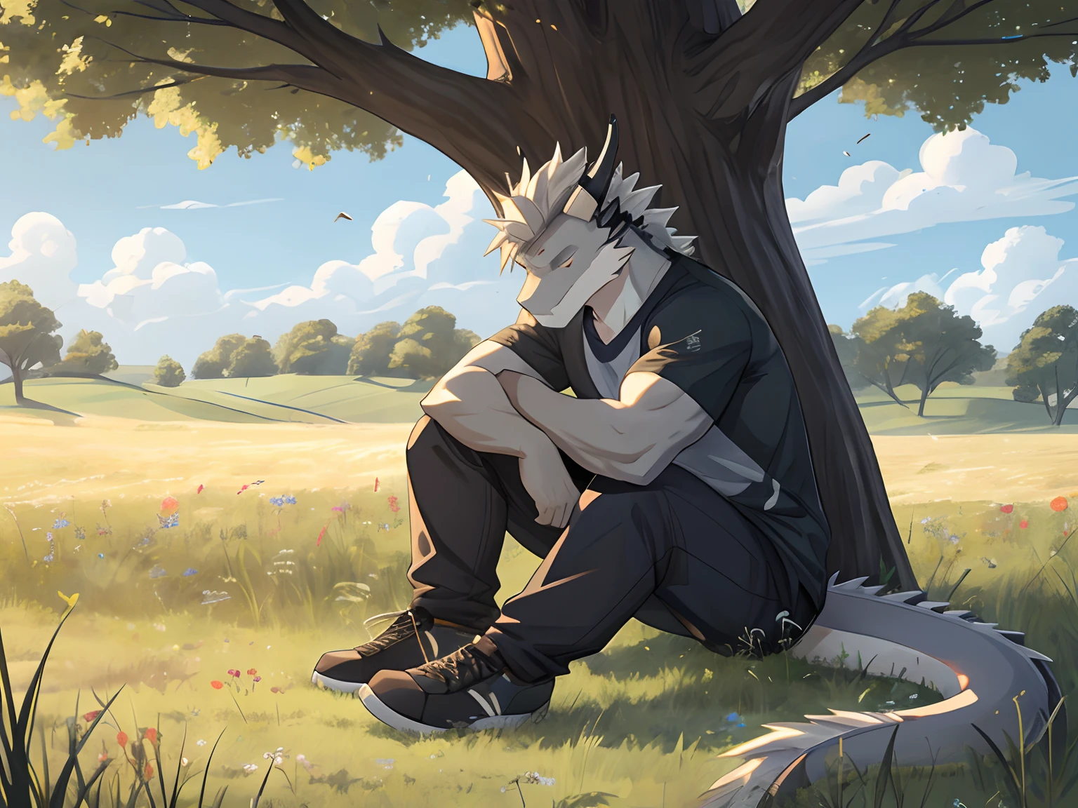 Masterpiece, Furry Gray Dragon, Muscular Body, Eyes Closed, Grey Medium Hair, Casual Set, Casual Clothes, Fierce, Good looking, Sad Expression, Sad Vibes, Sitting in Grass, Near Tree, Alone, Feeling the breeze wind, Afternoon, Listening To Music, Wearing Earphone, Field Background.