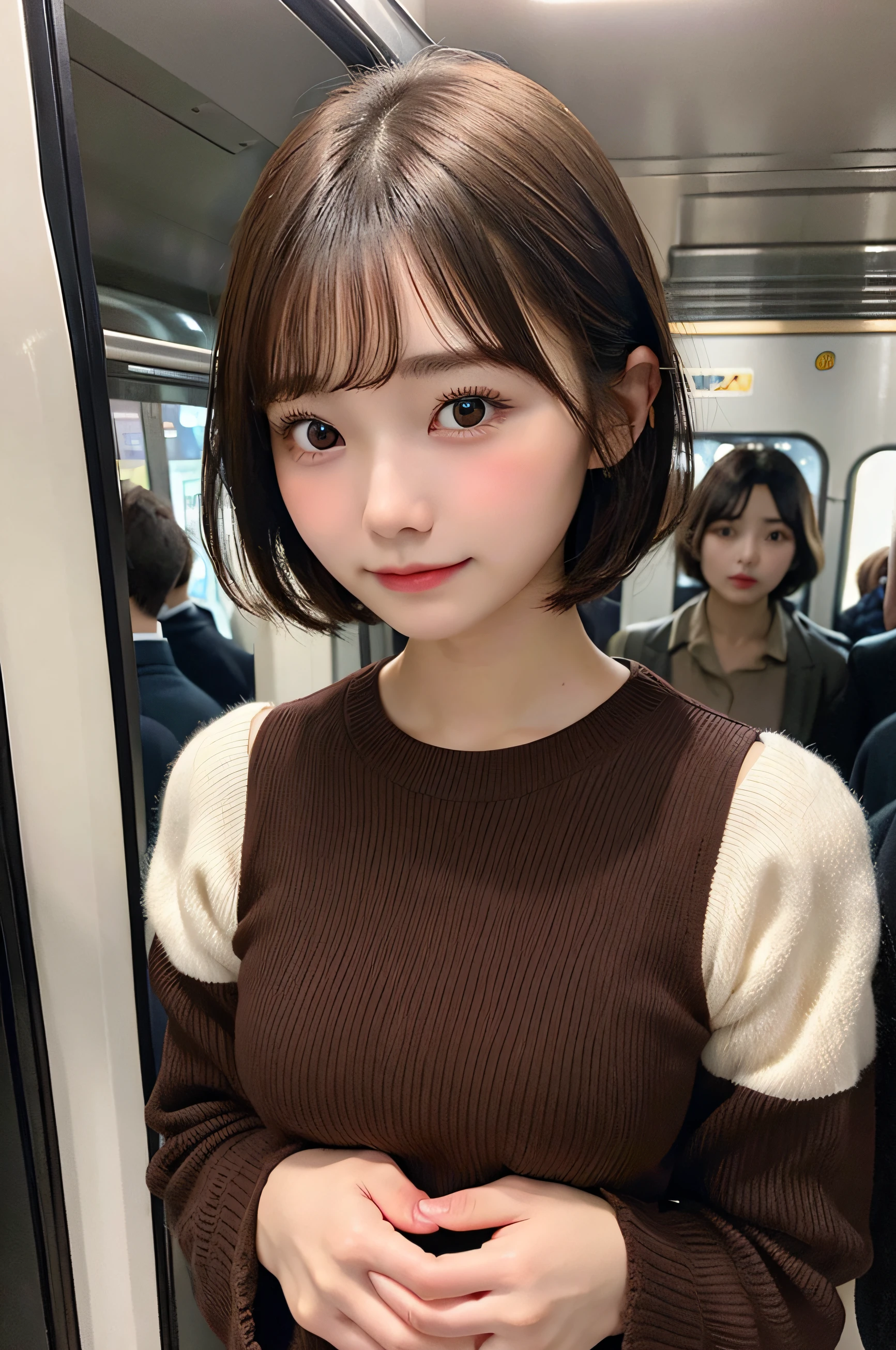 huge tit、g-cup、Height 145 cm、22year old、a 、with round face、japanes、Brown Bob Short Hair、Wearing a long-sleeved dress、Standing in front of me on a crowded train、I'm looking from above、Hands on chest