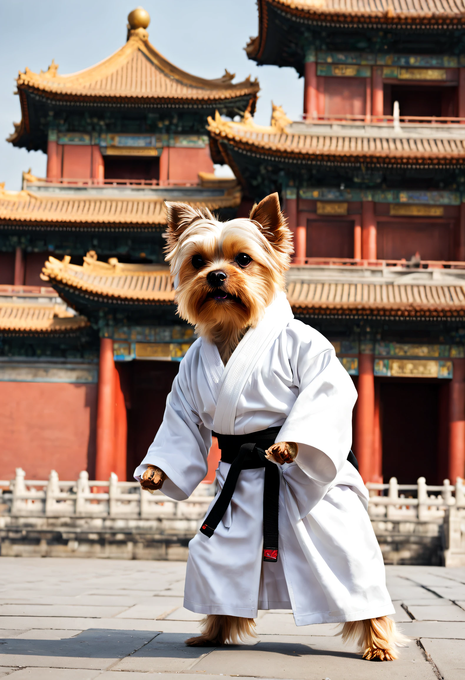 A Yorkshire Terrier in a white robe practices martial arts in front of the Forbidden City，Pure white robes，Black belt，White sneakers，Kung Fu Dog，anthropomorphic turtle。