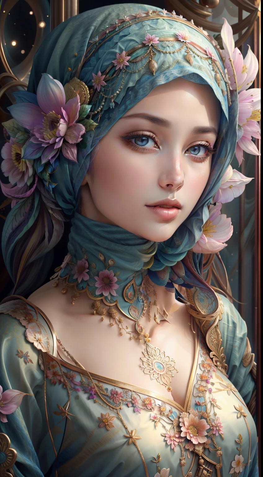 hijabi, (Masterpiece, Top Quality, Best Quality, Official Art, Beautiful and Aesthetic: 1.2), (1 Flower), Upper Body, Extremely Detailed, (Fractal Art: 1.3), Colorful, Most Detailed
