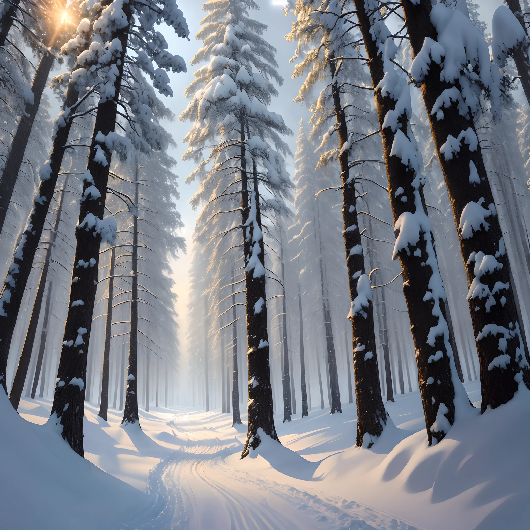 A snowy forest with a tree of light in the middle, brighter , lively