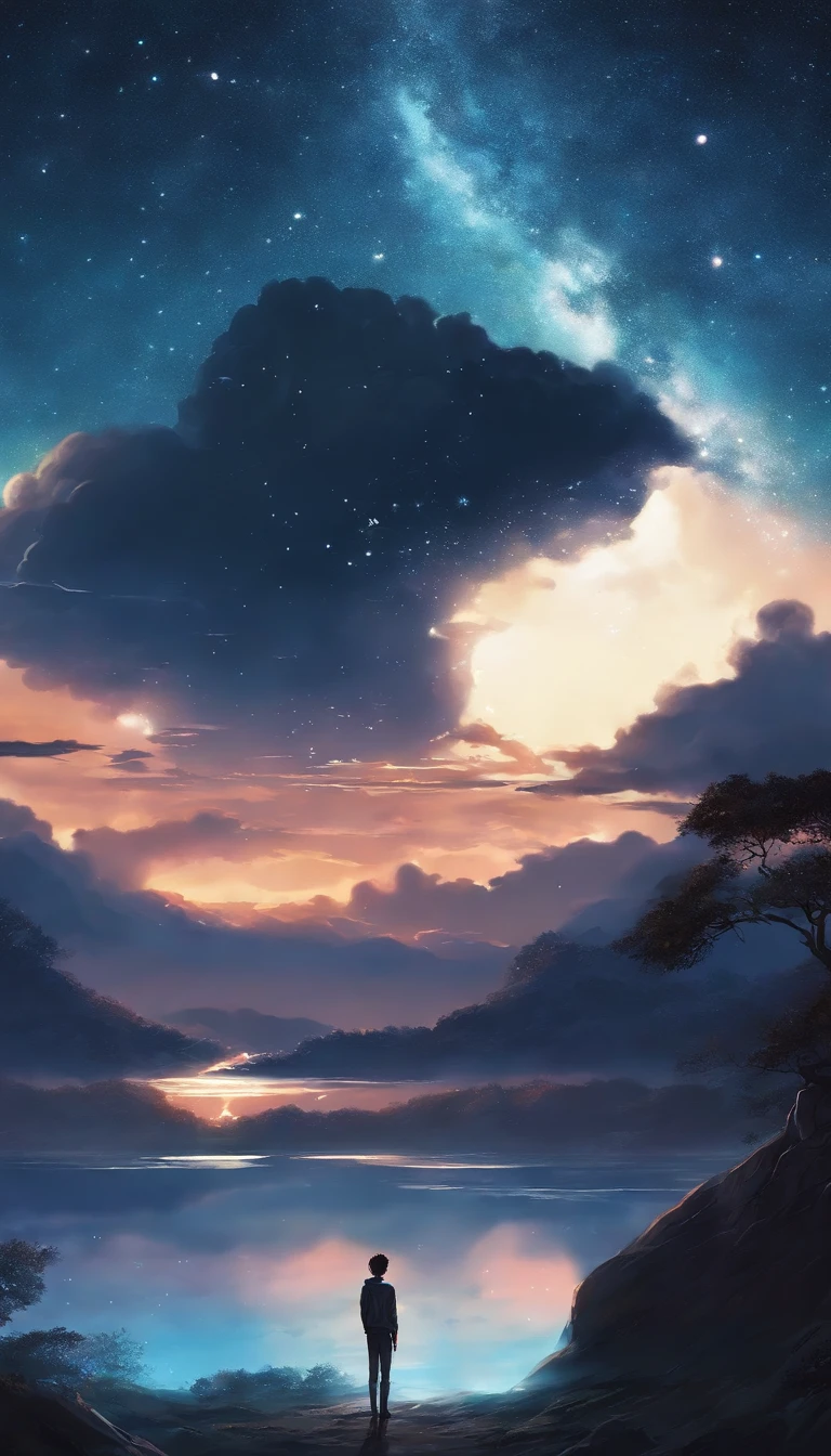 Anime boy standing on a rock looking at the sky full of stars, Makoto Shinkai Cyril Rolando, Anime art wallpaper 4k, Anime art wallpaper 4 K, Anime art wallpaper 8 K, Cosmos Sky. By Makoto Shinkai, Inspired by Cyril Rolando, in the style dan mumford artwork, amazing wallpapers, By Yuumei, White hair