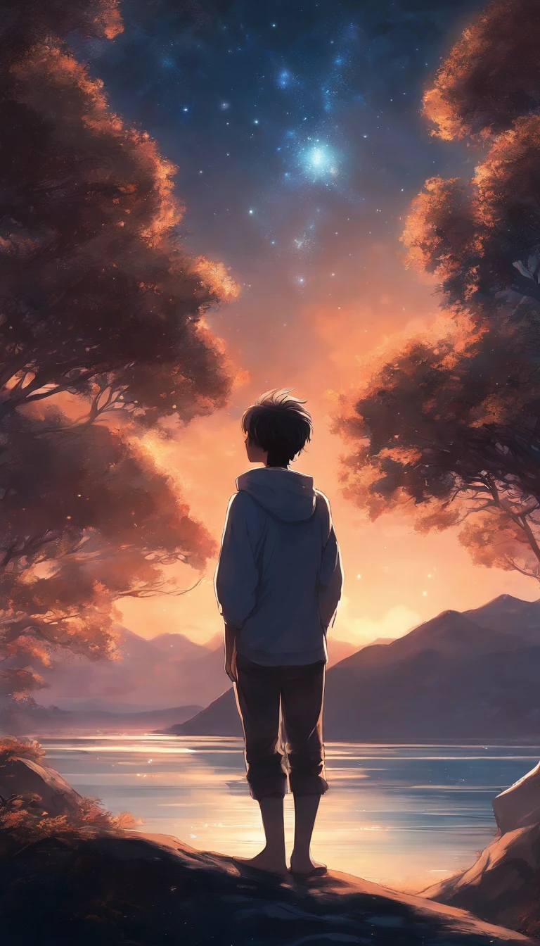 Anime boy standing on a rock looking at the sky full of stars, Makoto Shinkai Cyril Rolando, Anime art wallpaper 4k, Anime art wallpaper 4 K, Anime art wallpaper 8 K, Cosmos Sky. By Makoto Shinkai, Inspired by Cyril Rolando, in the style dan mumford artwork, amazing wallpapers, By Yuumei, White hair