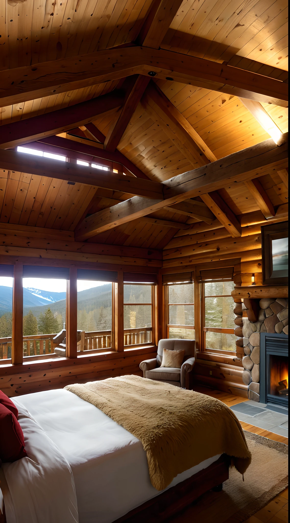 Create a hyper-realistic image of a cozy room in a mountain cabin. The bedroom has a rustic wooden double bed, with a red checkered duvet and inviting pillows. The wooden floor is partially covered by a wool rug in earthy tones. To the left is a large stone fireplace, with crackling flames warming the room. Above the fireplace, wooden shelves support books, candles and other decorative objects. To the right of the bed, a glass window shows the view of snow-covered pine trees outside. The wood of the walls and the sloping ceiling complement the cozy and comforting atmosphere of the mountain cabin bedroom.