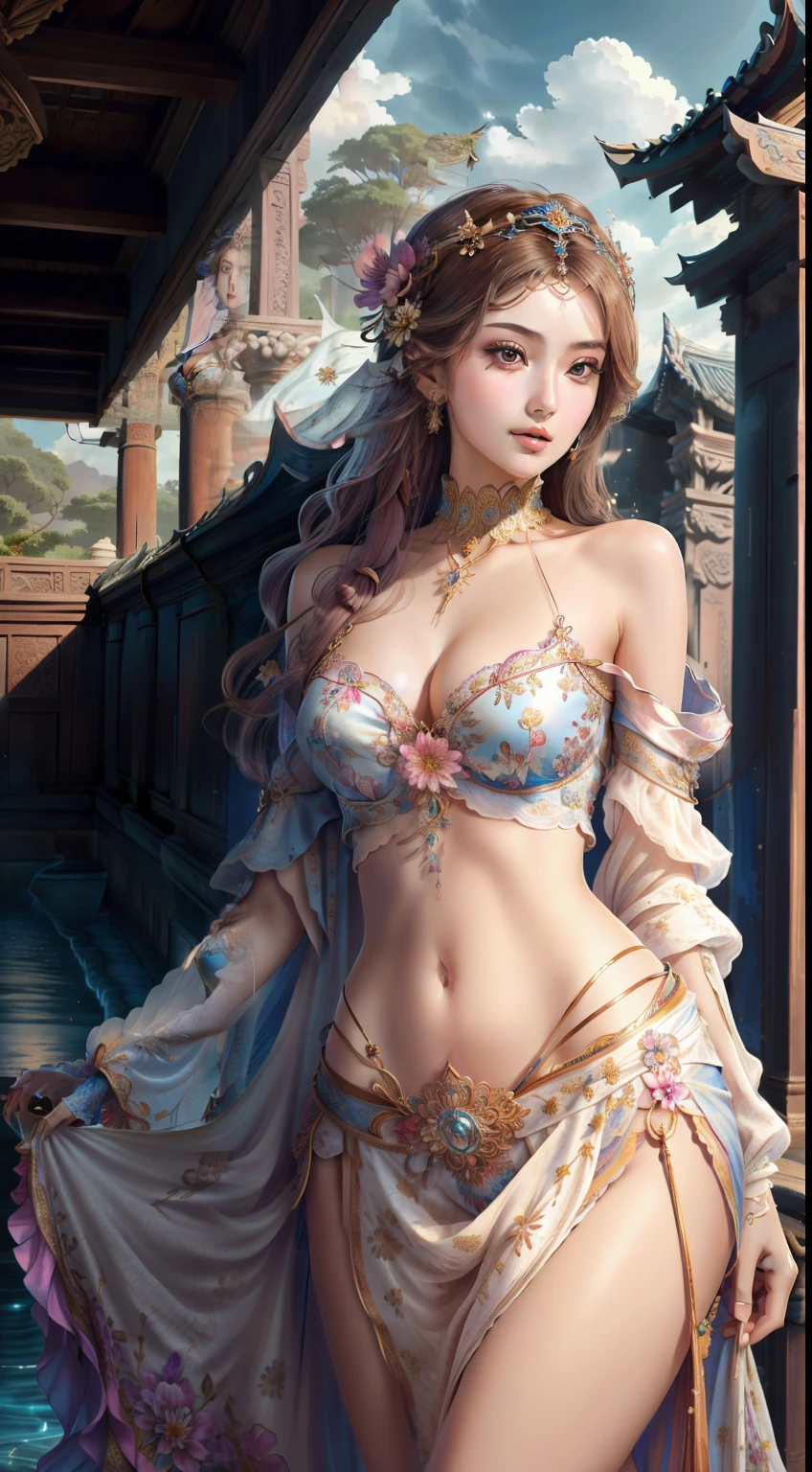(Masterpiece, Top Quality, Best Quality, Official Art, Beautiful and Aesthetic: 1.2), (1 Flower), Upper Body, Extremely Detailed, (Fractal Art: 1.3), Colorful, Most Detailed, beautiful mongol teen queen in hijab showing cleavage in sexy bellydancer highslit temple, Soft smile, choker