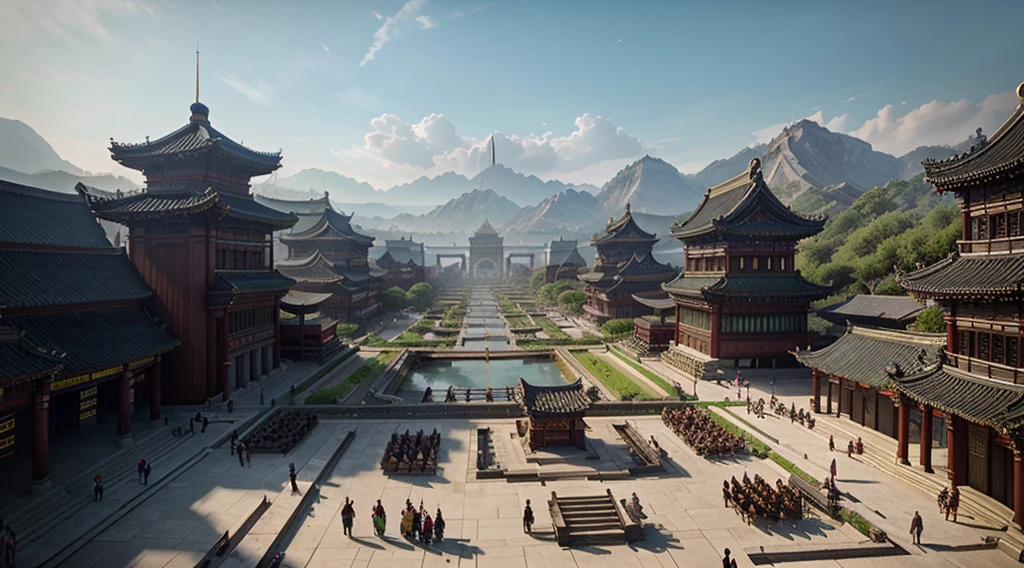 There was a large group of people walking around the city, Beautiful rendering of the Tang Dynasty, epic cinematic matte painting, Huge temple city, 3 d render and matte painting, big and structured valhalla city,highly detailed matte painting, 8k matte painting, 8 k matte painting, exquisite matte painting, a detailed matte painting, cinematic matte painting