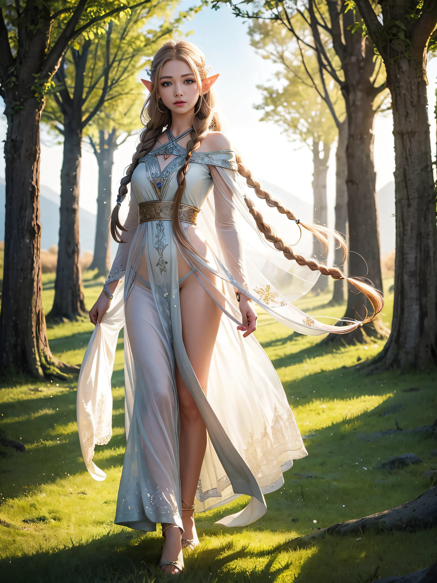 Graceful elven girl standing in meadow, Delicate face illuminated by the soft light of the setting sun. Her long, Flowing hair runs down your back, Decorated with intricate braids、Adorned with sparkling gemstones. This great photo is、、、It captures the ethereal beauty of elves. Slender figure in silk dress、Swaying in the soft steppe breeze. Attention to detail、Face that is、Face that is、Face that is、Face that is、It is evident in the intricate patterns of the dress and the subtle highlights of the luminescence. skin. The breathtaking portrayal of the elven girl is、、、、、Create an enchanting atmosphere、It invites the viewer to a magical world.