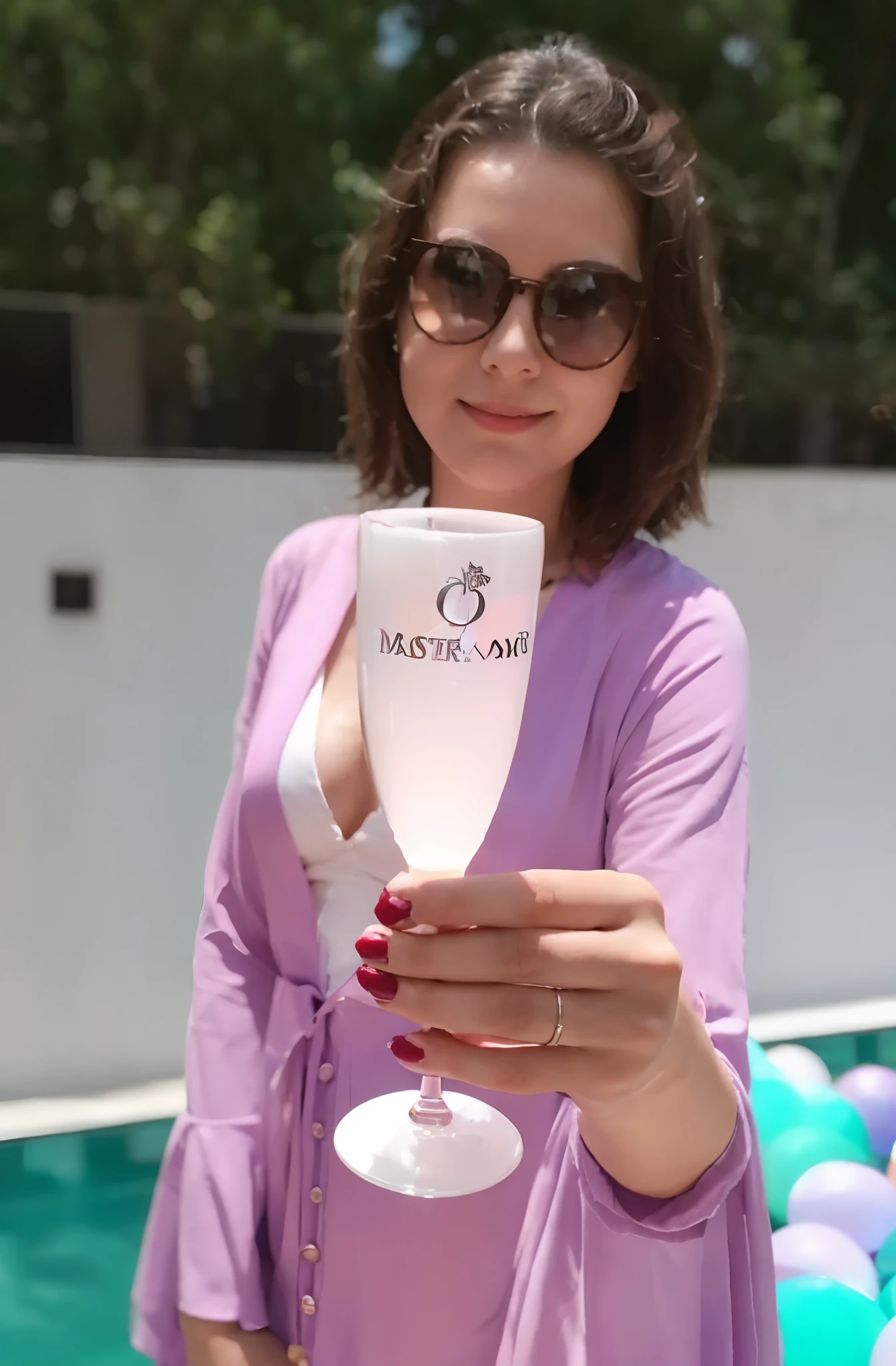 (master part), (best quality), (1 girl), Woman holding wine glass in hand, with balloons in the background