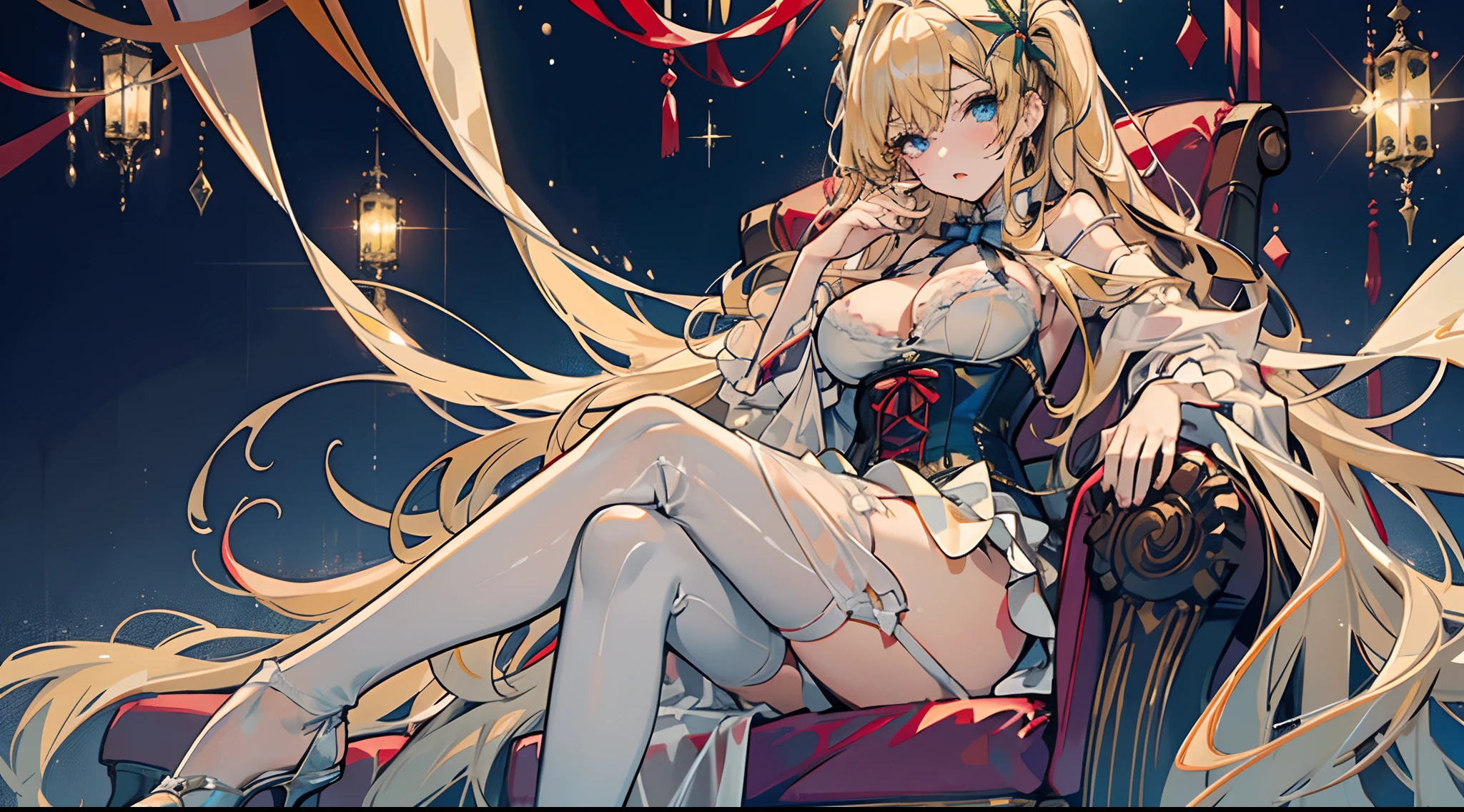 1 girl, solo, pretty face, gorgeous face, detailed eyes, eyeliners, Christmas Girl, longue blonde hair, in full height, big breastes, Long legs together, sitting on a snowy white sofa (Throne), Sheer clothing, Everything is very beautiful、Visible lace luxury panties、Best Corset Dresses、Long cabaret dresses、high heels, Interior background of the cabaret、atmosphere of birth, Red, Blue, Yellow, White Lights Around, Sweat profusely,drenched all over the body