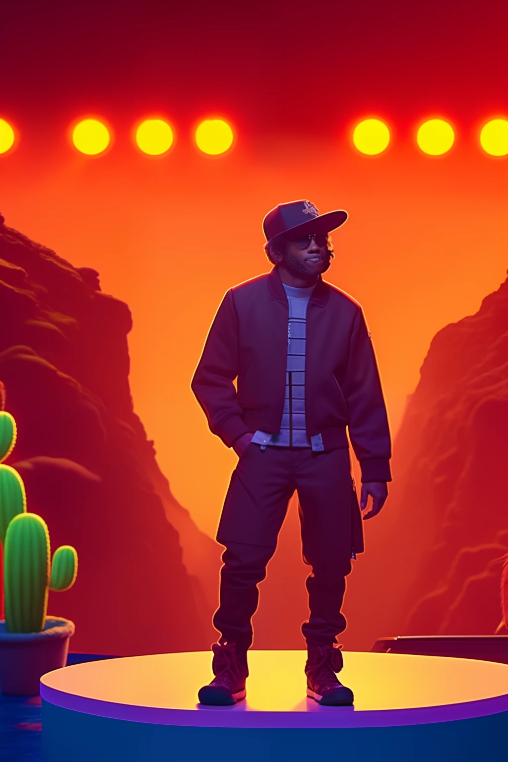 3D Garfield with a jacket on it that has Travis Scott’s signature logo on it, ‘CACTUS JACK’, standing on a stage with red lights and sunglasses