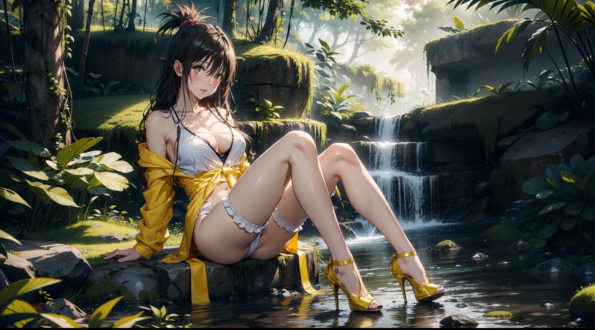 1female,,Slim,熟妇,medium cleavage breasts Thin waist,slenderlegs,Pornographic exposure, 独奏,yuuki mikan, brown hair, yellow eyes, hair ornaments, long hair, topknot, wavy hair, smedium breasts,(wearing: yellow bathrobe, garter belt, high heels), looking at viewer,(Background with:ln the forest,the rainforest,in summer,standing on your feet,Sweat profusely,drenched all over the body,seen from the front, hair straight, mostly cloudy sky,(((tmasterpiece),(Very detailed CG unity 8K wallpaper),best qualtiy,cinmatic lighting,detailed back ground,beatiful detailed eyes,Bright pupils,(Very fine and beautiful),(Beautiful and detailed eye description),ultra - detailed,tmasterpiece,)),facing at camera,(Full body photo),Show shoes,A high resolution,ultra - detailed),revealing breasts, Bulge,legs are open,Raised sexy,Flushed complexion,Open-mouthed,frontage,full body,