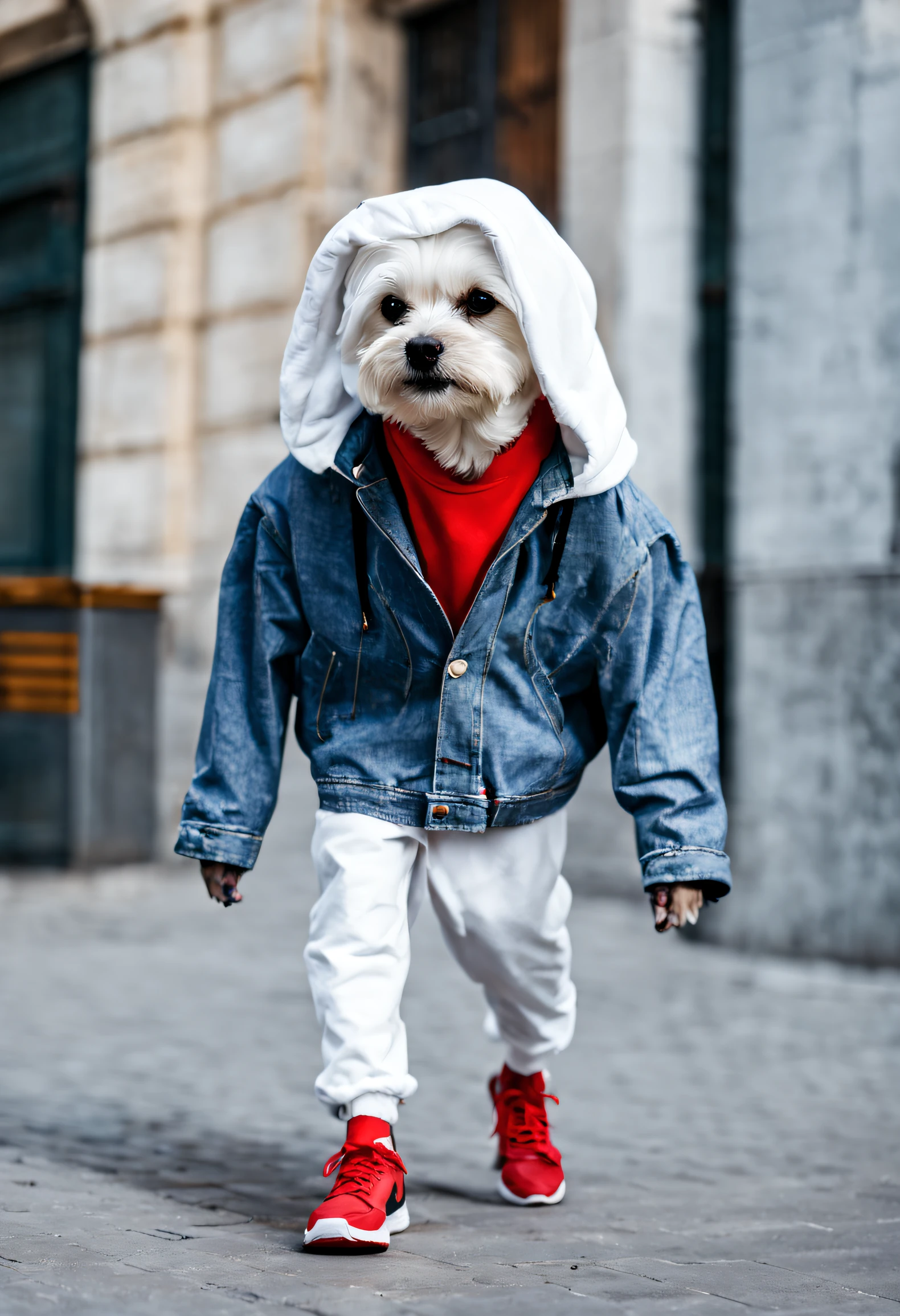 A Maltese dog in a denim coat,Walk in the downtown area,Denim jacket,White hooded sweatshirt,denim pant,Red and black airjordan shoes,Street photography style,Street wear,Outfit dogs,anthropomorphic turtle。