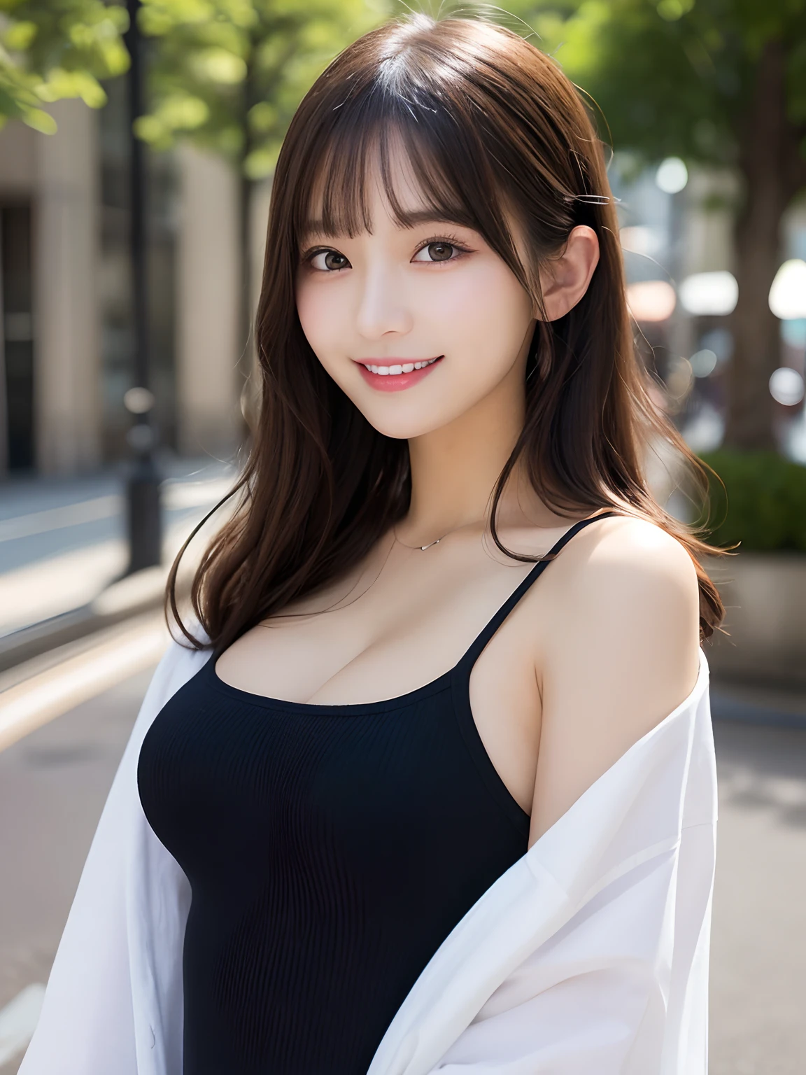 masutepiece、Best quality、illustration、 ultra - detailed、A high resolution、8K wallpapers、Perfect dynamic composition,、Beautiful detailed eyes、Women's Summer、Medium hair、(Beautiful large breast:1.3)、Natural color lips、Bold sexy pose、Smile、Harajuku、20 years girl、Cute、Look at the sexy shots of the lens、onepiece