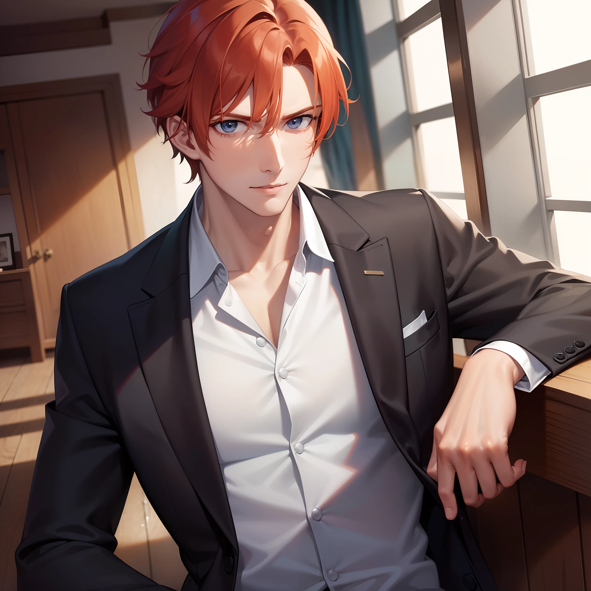 A pretty handsome man, wearing an agent suit, ginger hair, hazel eyes, a cool, looking at you with a poker face, anime, human.
