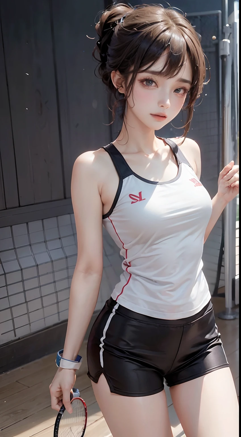 Female badminton player(1.5),Correct human anatomy:1.5),tmasterpiece,top Quority,super wide shot(1.5)(realisticlying:1.4),(RAW photos:1.4),Very delicate CG Unity 8K wallpaper,very delicate beautiful,Mann pays attention to detail,offcial art,(Beautiful eyes and face:1.5),Beautiful exquisite eyes,light in face,one-girl,short detailed hair,(Full body like:1.5),Badminton sportswear(1.5), Badminton competition venue,