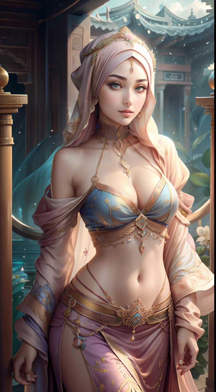 hijabi, (Masterpiece, Top Quality, Best Quality, Official Art, Beautiful and Aesthetic: 1.2), (1 Flower), Upper Body, Extremely Detailed, (Fractal Art: 1.3), Colorful, Most Detailed, beautiful mongol teen queen in hijab showing cleavage in sexy bellydancer highslit temple, Soft smile, choker