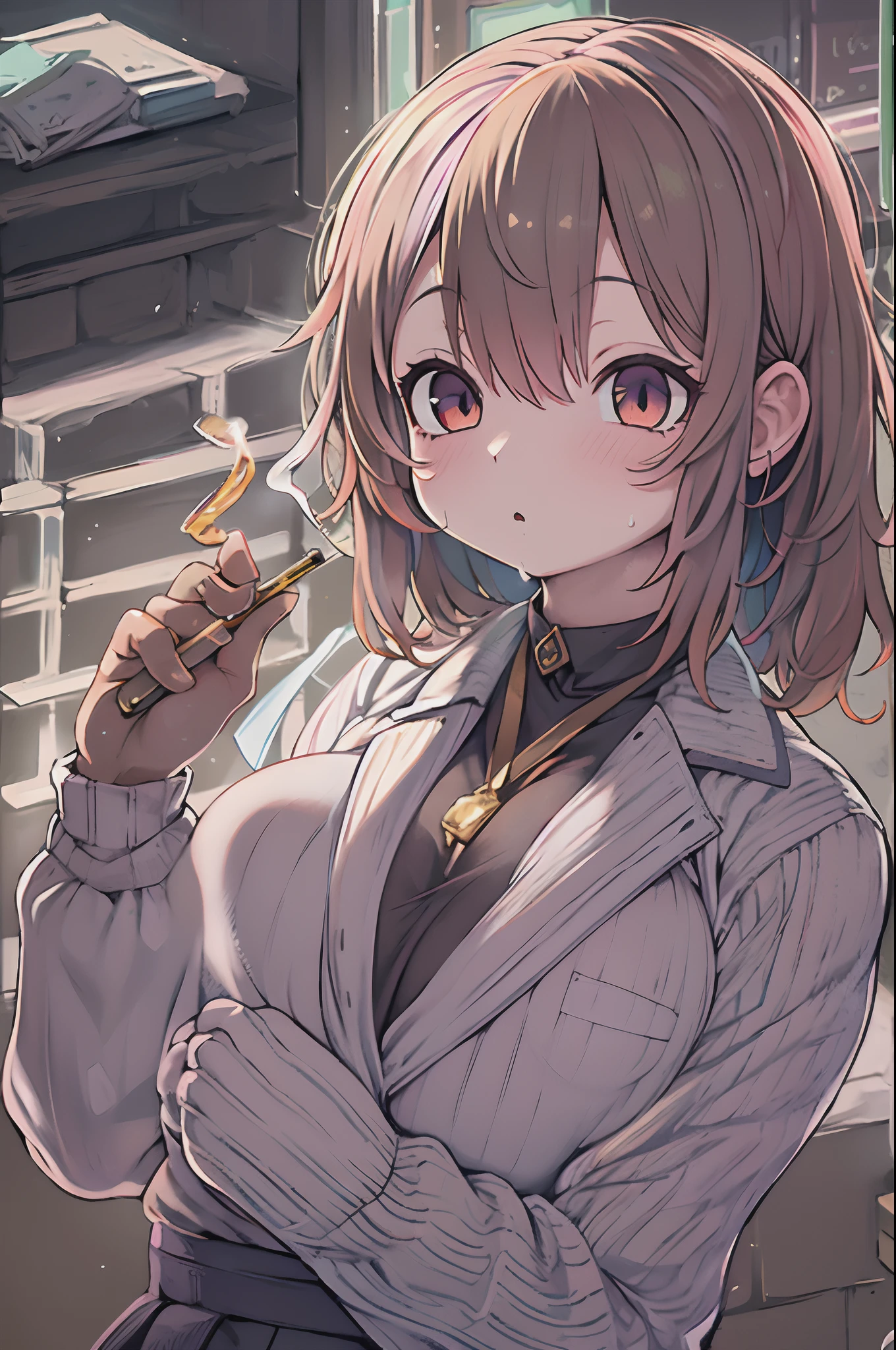 Best Quality, masutepiece, huge tit, (Large breasts), 8K, 1girl in, Anime style、 Holding a cigarette,
