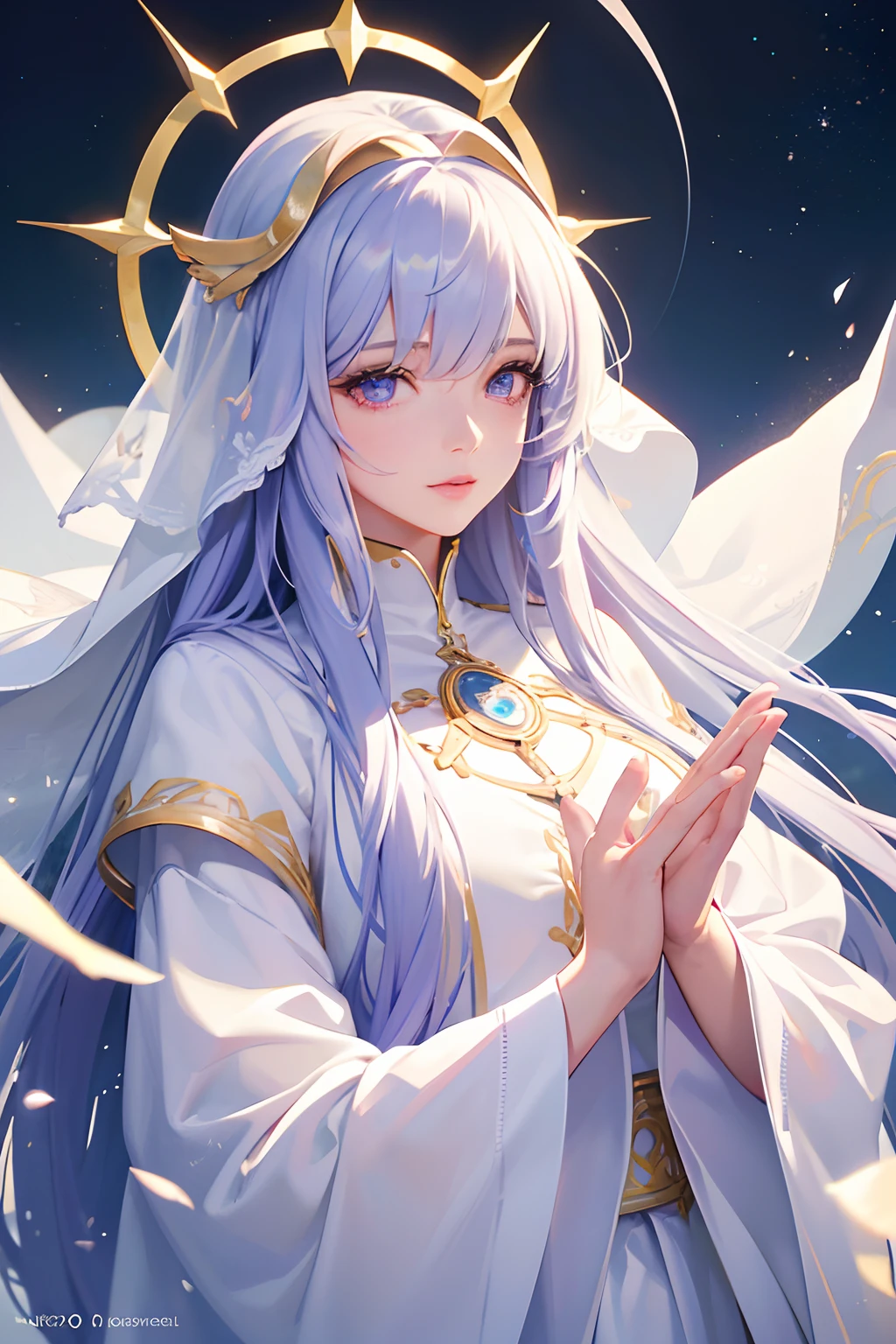 "(best quality,4k,8k,highres,masterpiece:1.2),ultra-detailed,(realistic,photorealistic,photo-realistic:1.37),1girl,white hair,purple eyes,beautiful detailed eyes,beautiful detailed lips,extremely detailed eyes and face,longeyelashes,priestess,holy magic,illuminate,divine aura,golden halo,serene expression,flowing white robes,ethereal background,soft lighting,vivid colors"