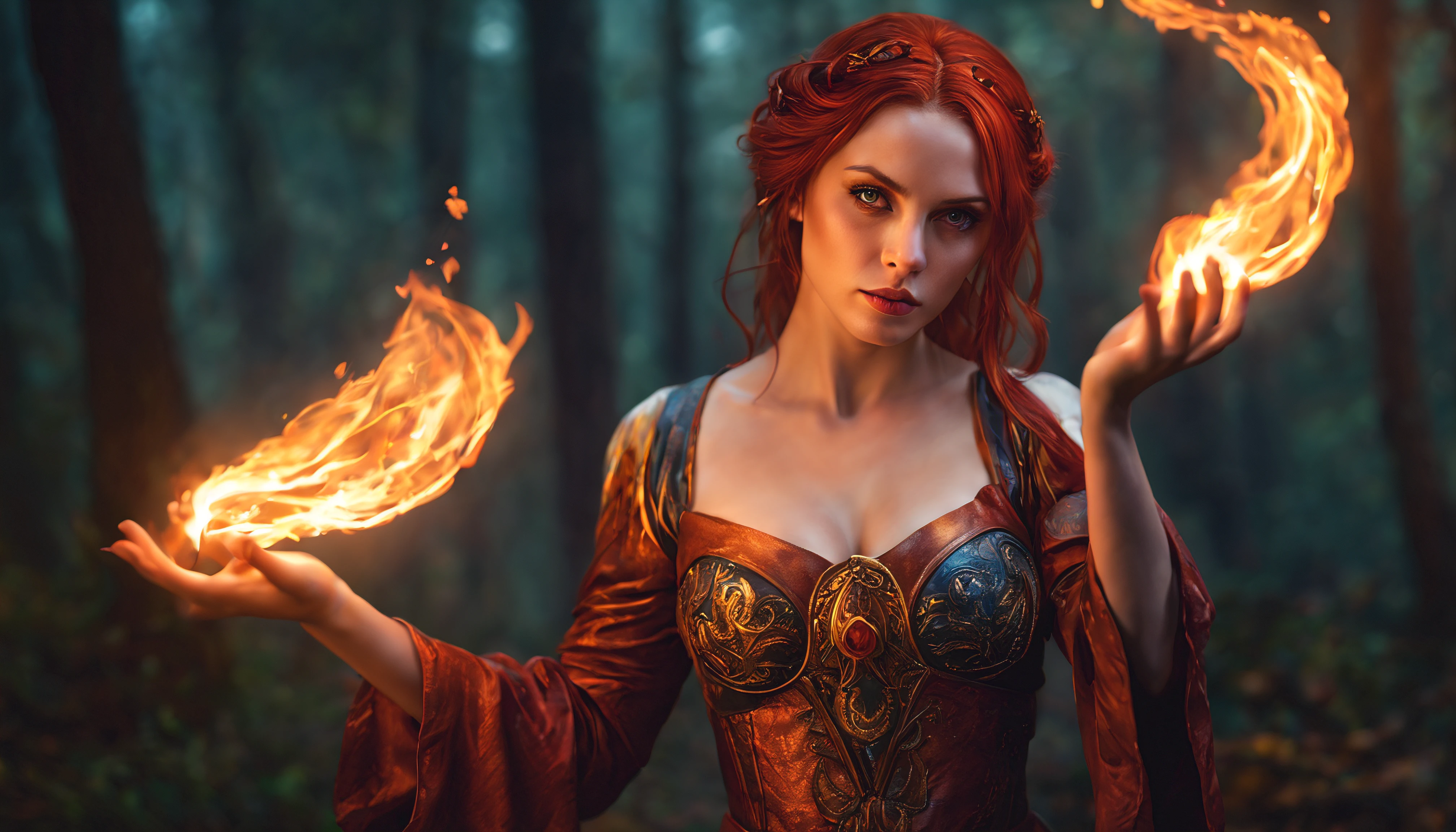 (best quality,4k,8k,highres,masterpiece:1.2),ultra-detailed,(realistic,photorealistic,photo-realistic:1.37),Triss Merigold,fire magic,burning hands,magical flames,golden flames,breathtaking,Fiery intensity,warm glow,mesmerizing,red-hot flames,beautiful detailed eyes,beautiful detailed lips,extremely detailed eyes and face,longeyelashes,luxurious,fantasy art,waving robes,mystical environment,dark atmosphere,mysterious,enchanted forest,nighttime scene,ethereal background,sorceress,female character,empowering presence,flaming sparks,passionate movement,amazing spell casting,dynamic pose,vibrant colors,glowing embers,spellbound viewers,evoking emotions,immersive experience,artistic masterpiece,highly skilled artist,light and shadows,impressive texture,magical sensation,spellbinding imagery,visual storytelling,dazzling display of power