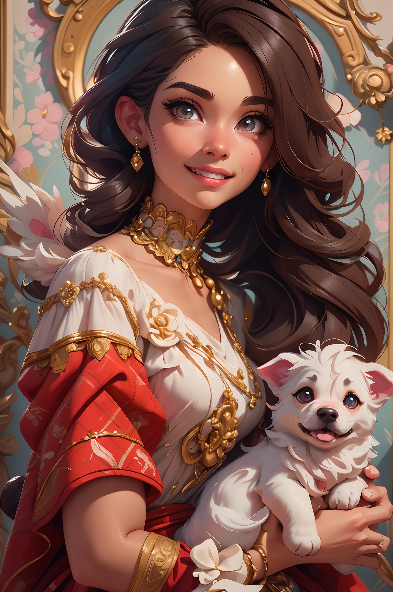 Cute puppy. Beautiful puppy. Adorable puppy. Portrait of a woman in a white dress, Slender hands holding a book, Express beauty and power. Detailed portrait of an indigenous woman in cartoon style, com olhos bonitos, Fast brushstrokes and vibrant colors. Cute puppy. Beautiful puppy. A masterpiece of cute puppies, There are red and white furs. Italian girl poses, Detailed face, Dark hair, atheletic body, Wearing red flannel and jeans. Soft hair, Happy smile, Lovely Italian cuisine.