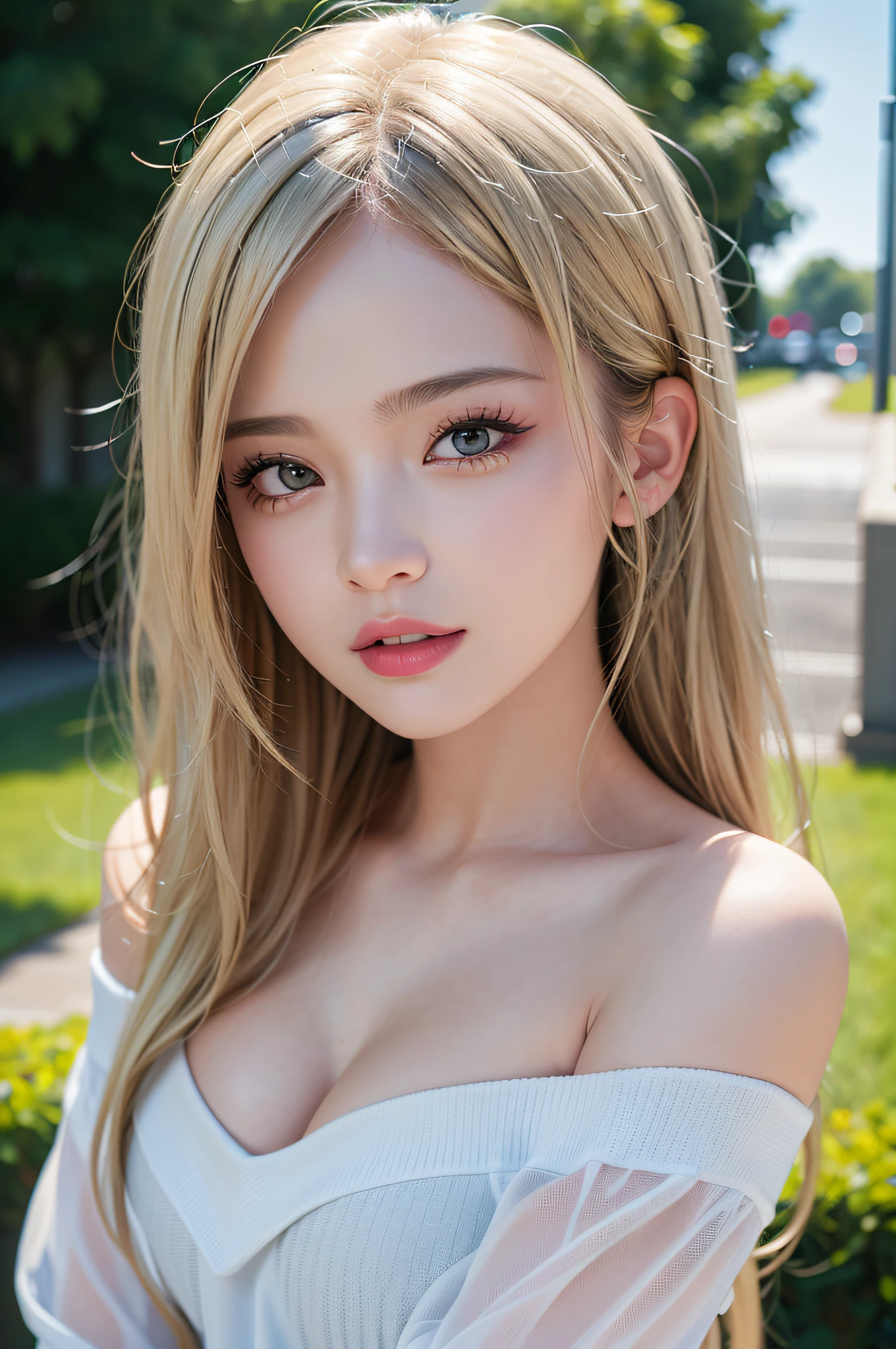 (8k, RAW photos, highest quality, high resolution:1.1), (hyperrealistic:1.4),(realistic, photorealistic:1.3), soft light,girl,realistic face,realistic body,realistic skin,absurdity,masterpiece,(cute:1.8),(big:1.2),sexual expression,blusher,off-shoulder knit,cleavage,film grain,cherry colored lips,wet hair, closeup,looking viewer,long hair,full body,upper teeth, depth of field, blurry background,eye focus,young,85mm lens,f/1.4,professional lighting,portrait,photon mapping,physically based rendering,tattoo,embarrassing,transparency,silver blonde hair,