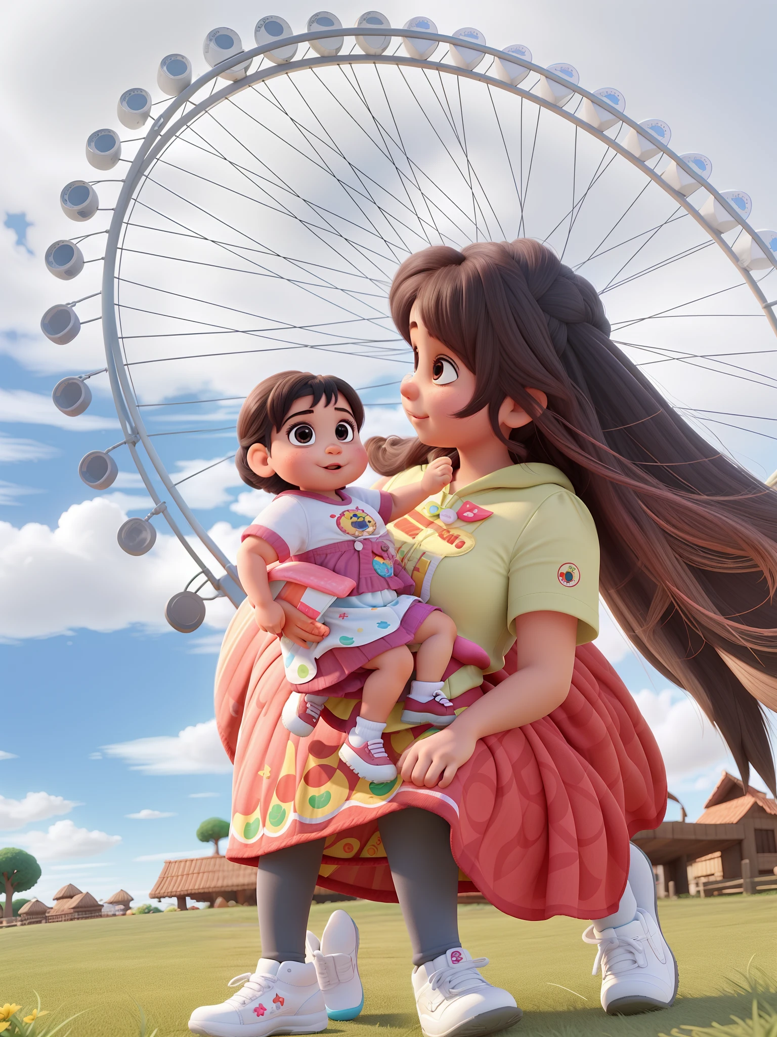 Uma tia a sobrinha bebe em frente a roda gigante estilo pixar, alta qualidade, melhor qualidade
