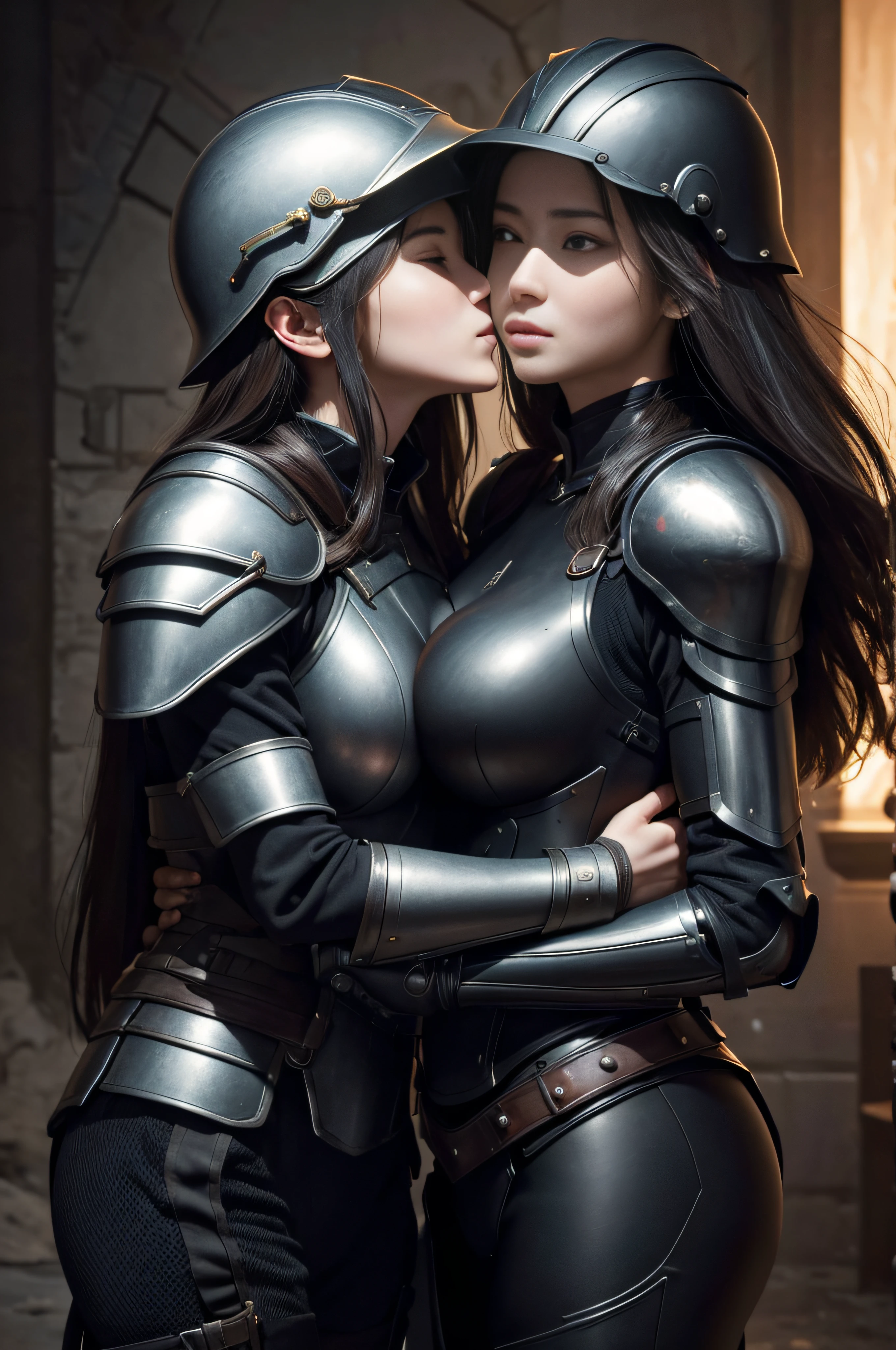 8K,超A high resolution,((Top image quality))、((masterpiece))、(High Detail:1.3)、Sharp helmet,Woman in black armor、length hair。Wearing a helmet、embracing and kissing a civilian woman hand on boobs hands on ass and hand between legs on crotchWartime scenes of armor damage