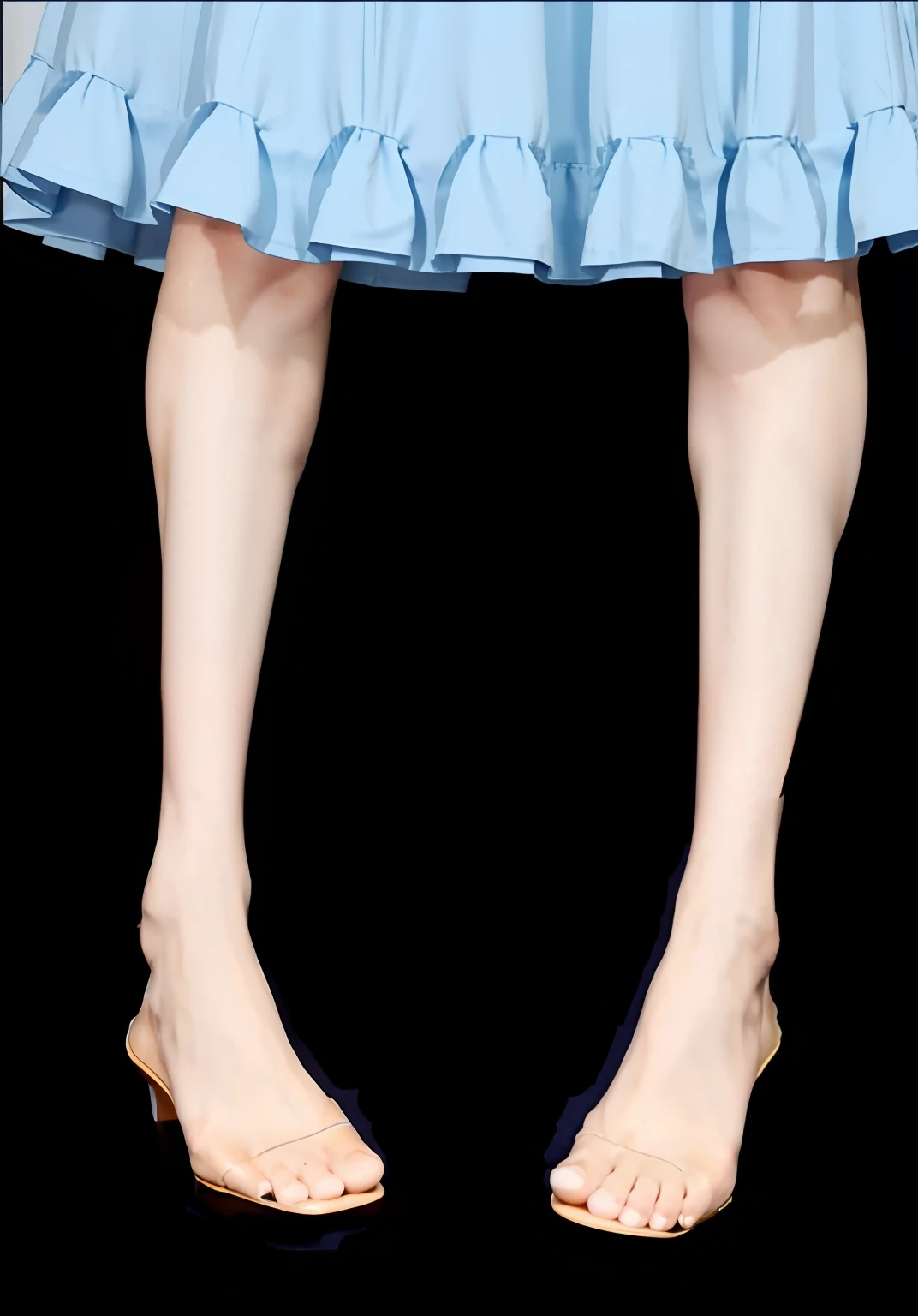 a close up of a little feminine legs with a blue dress, legs visible, detailed legs looming over you, normal legs, detailed legs towering over you, detailed legs, detailed shot legs-up, close-up on legs,. Slim long thin legs,