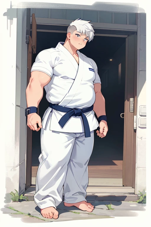((1boy_only, solo)), (chubby:1.2, stocky:1.2), ((white judo gi)), ((dougi)), barefoot, ((long pants)), (bara:1.2), (shota:0.25), buzz_cut, full body shot, ((cool, cute, awesome)), (fingerless gloves), (front_view), (chubby_face:0.8)