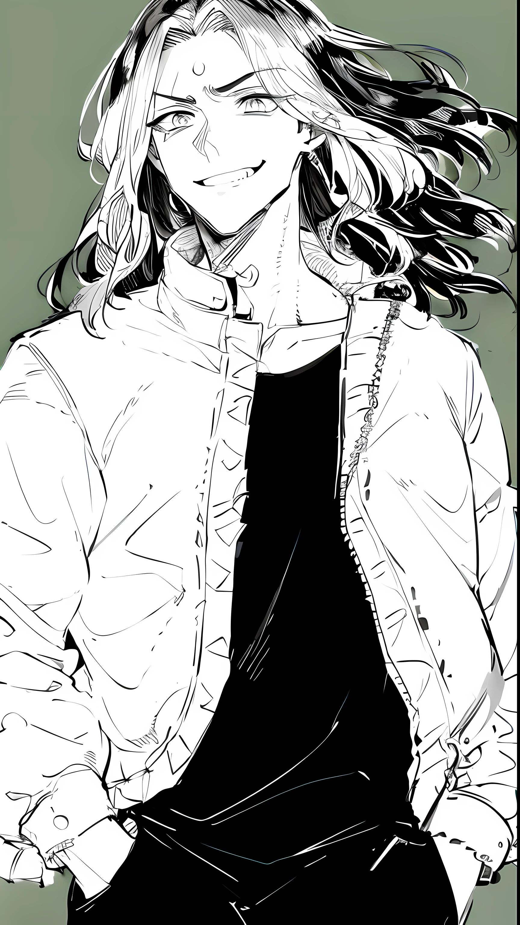 a drawing of a man with long hair and a jacket, handsome guy in demon slayer art, bright smile, good guy, kentaro miura manga art style, tite kubo manga style, manga style of tite kubo, sui ishida art manga, kentaro miura art style, seinen manga portrait, inspired by Iwao Takamoto, line art!!