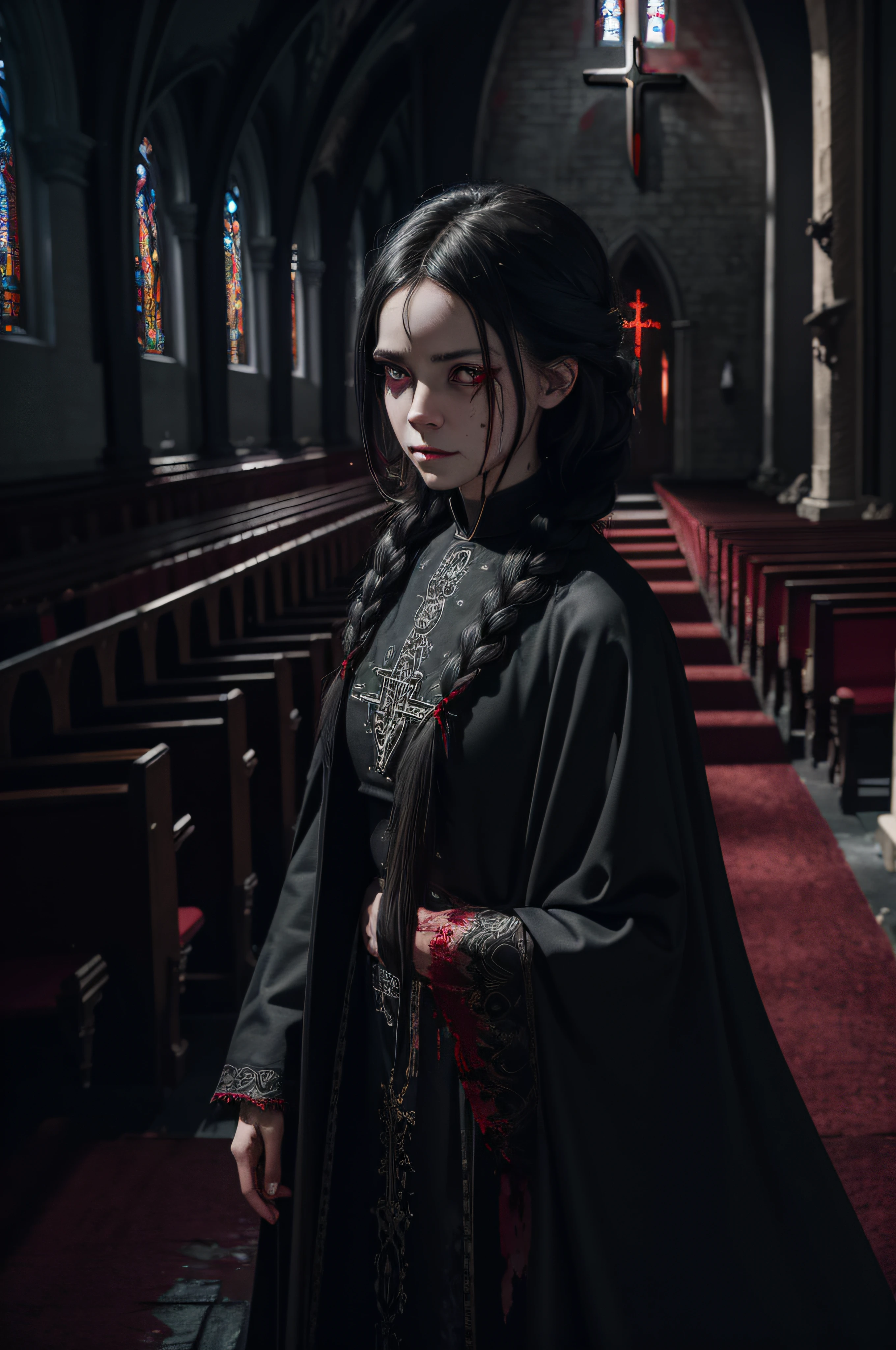 beautiful, (masterpiece:1.2), (best quality:1.2), (ultra realistic details), cinematic lighting, highly intricate details, trending on cgsociety, octane render, award winning painting, 1girl, black hair, single braid in front, red eyes, glowing eyes, (dark witch in a chapel standing covered in blood:1.3), (looking to side:1.2), beautiful chapel, horror, dark art, eerie atmosphere, gore,