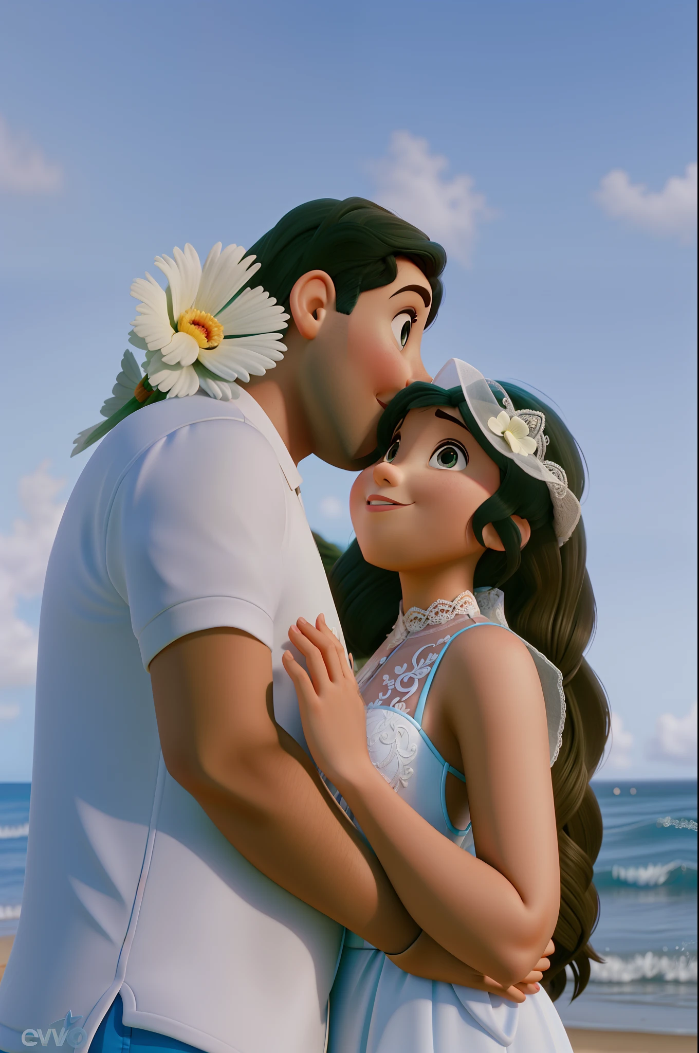 Noiva e noivo na praia fotografando estilo pixar, alta qualidade, melhor qualidade
