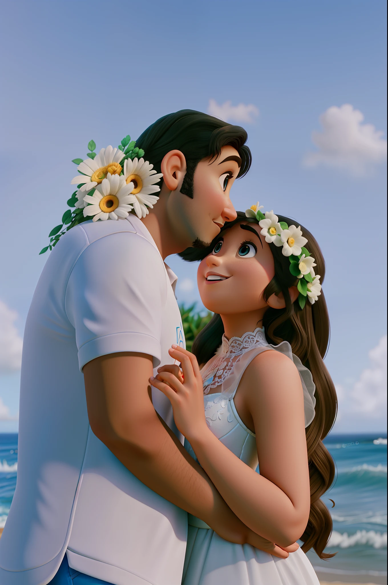 Noiva e noivo na praia fotografando estilo pixar, alta qualidade, melhor qualidade