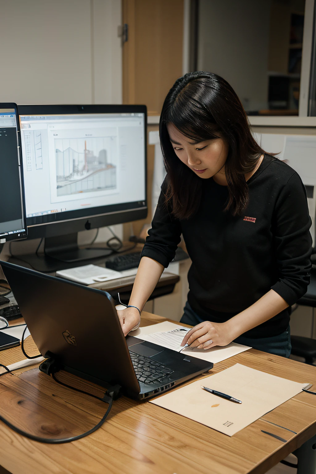 On the desk,Two Chinese designers working on artwork,on a CAD computer screen,It is a portable generator,