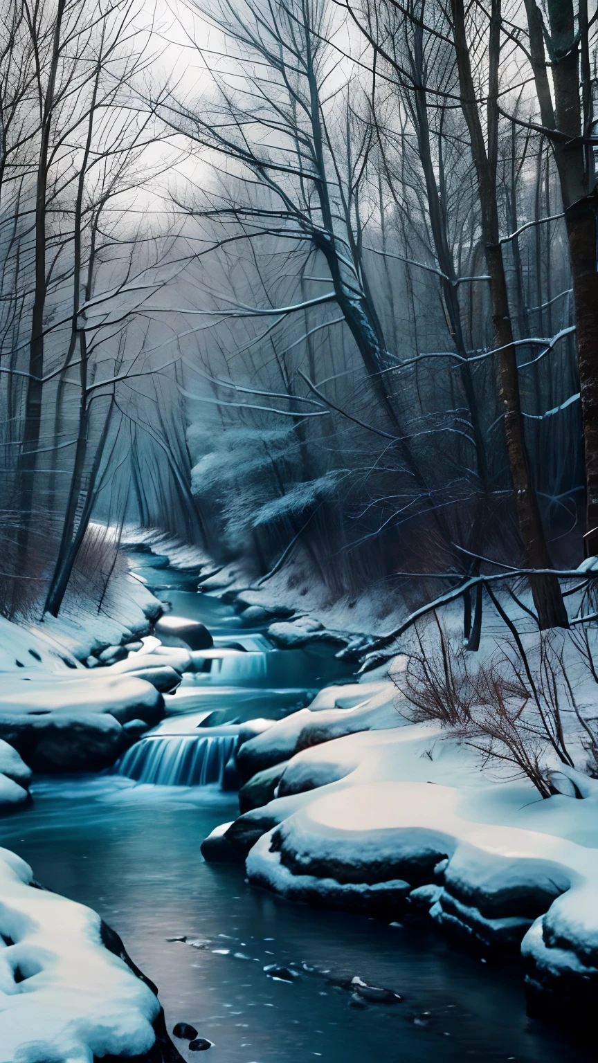 (The best quality),(There are no photos of people),In the forest on the hillside,small stream,Winter scenery,