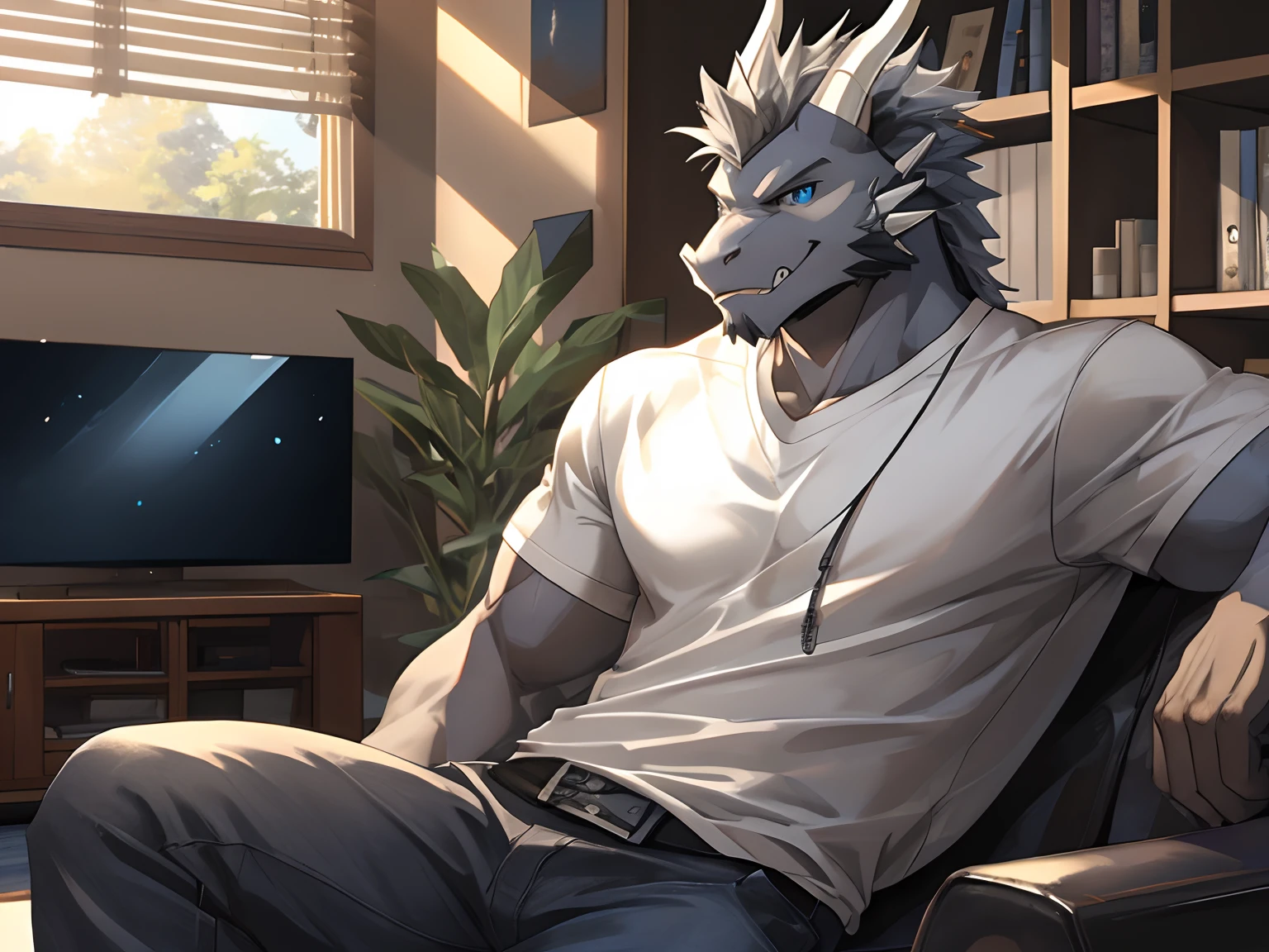 Masterpiece,Cool Pose, Furry Gray Dragon, Muscular Body, Blue Eyes, Grey Medium Hair, Teeth, Casual Set, Casual Clothes, Fierce, Good looking, Cool Pose, Living Room Background.