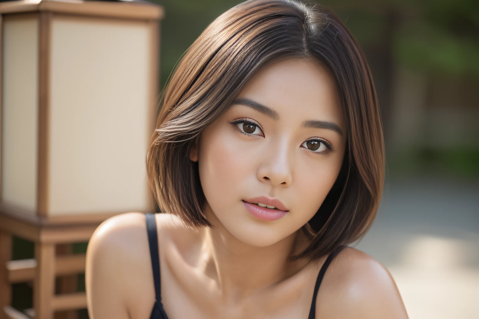 (Best Quality,8k,Absolutely beautiful:1.2),(Beautiful),Perfect body、Beautiful skin、gravure、Universal beauty、((top-quality、8k、masterpiece:1.3))、foco nítido:1.2、(((One beautiful Japan woman)))、Layered Haircut、Small breasts、Highly detailed facial and skin texture、 A detailed eye、skin tanned、Stand straight、