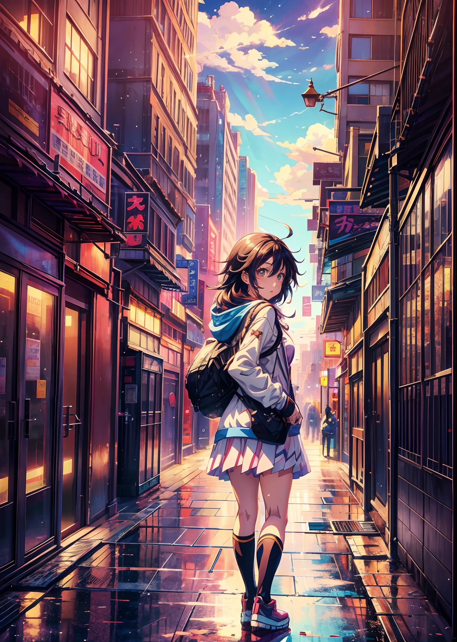 Anime girl standing in big city looking at rainbow sky,Near Future City、 makoto shinkai cyril rolando, anime art wallpaper 4k, anime art wallpaper 4k, Anime art wallpaper 8k, inspired by Cyril Rolando, in the style dan mumford artwork, amazing wallpapers, by Yuumei
