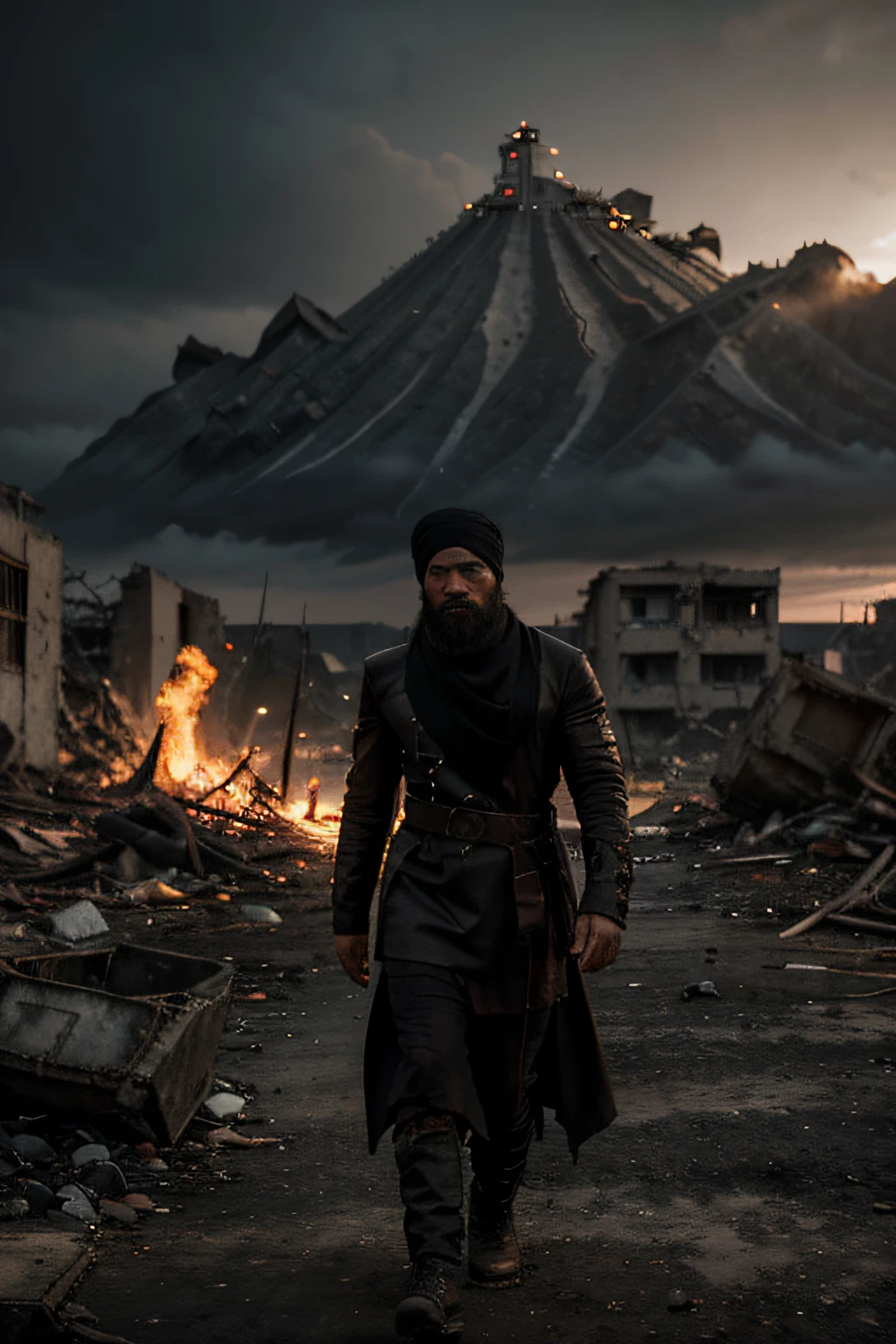 an indonesian handsome male, ultra HD, High Quality, head covered turban, short black beard, realistic rendering, (background dystopian landscape, soviet, destroyed buildings, lone person walking through ruins, darkness), detail, realistic rendering, high resolution, 8k, masterpiece, full body, used full clothes, man with angry emotion and screaming mouth, dark
