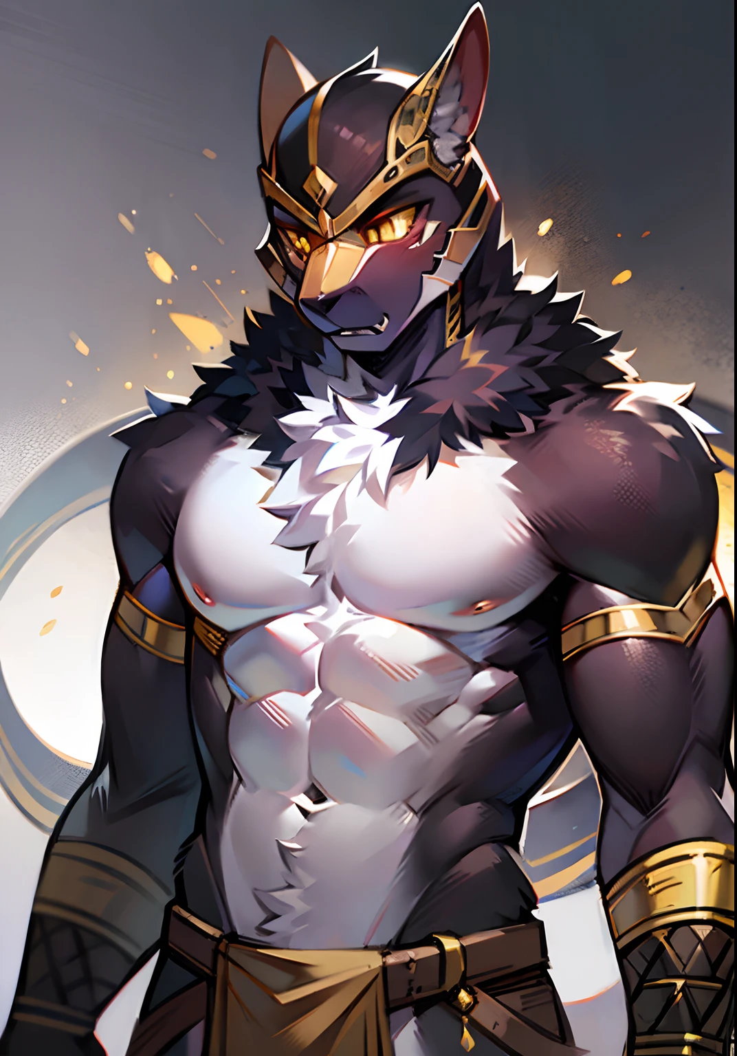 Portrait of a muscular anthro king cobra with black body skin, white belly, black chest, golden eyes, loincloth, masterpiece, best quality