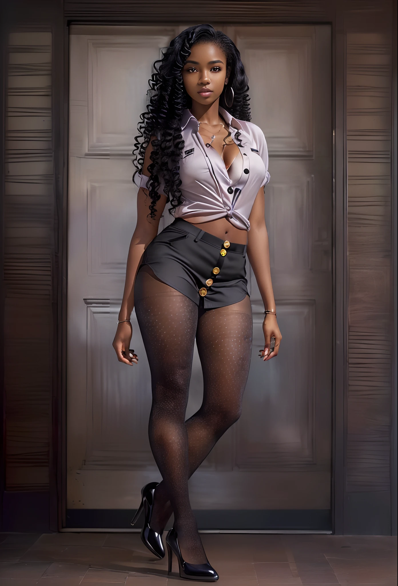 ((21-year-old))) black girl, (((light skin))), (((close-up, full body pose))), (((long curly black hair))), (((pantyhose))), (((wearing mans button up shirt mostly unbuttoned))), Rich, Deep Colours, (intricate details:0.9), (HDR, hyper-detailing:1.2), (natural skin textures, hyper realisitc, glistening skin, soft light, Sharp),