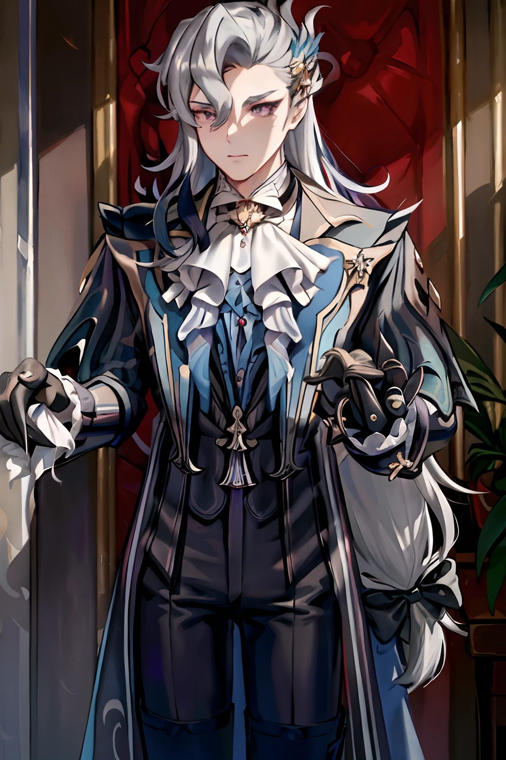 masterpiece, best quality, Neuvillette, 1boy,long hair,grey hair,multicolored hair,feather hair ornament, purple eyes, jewelry,ascot,long sleeves, shirt,gloves, black pants,((venom male)),