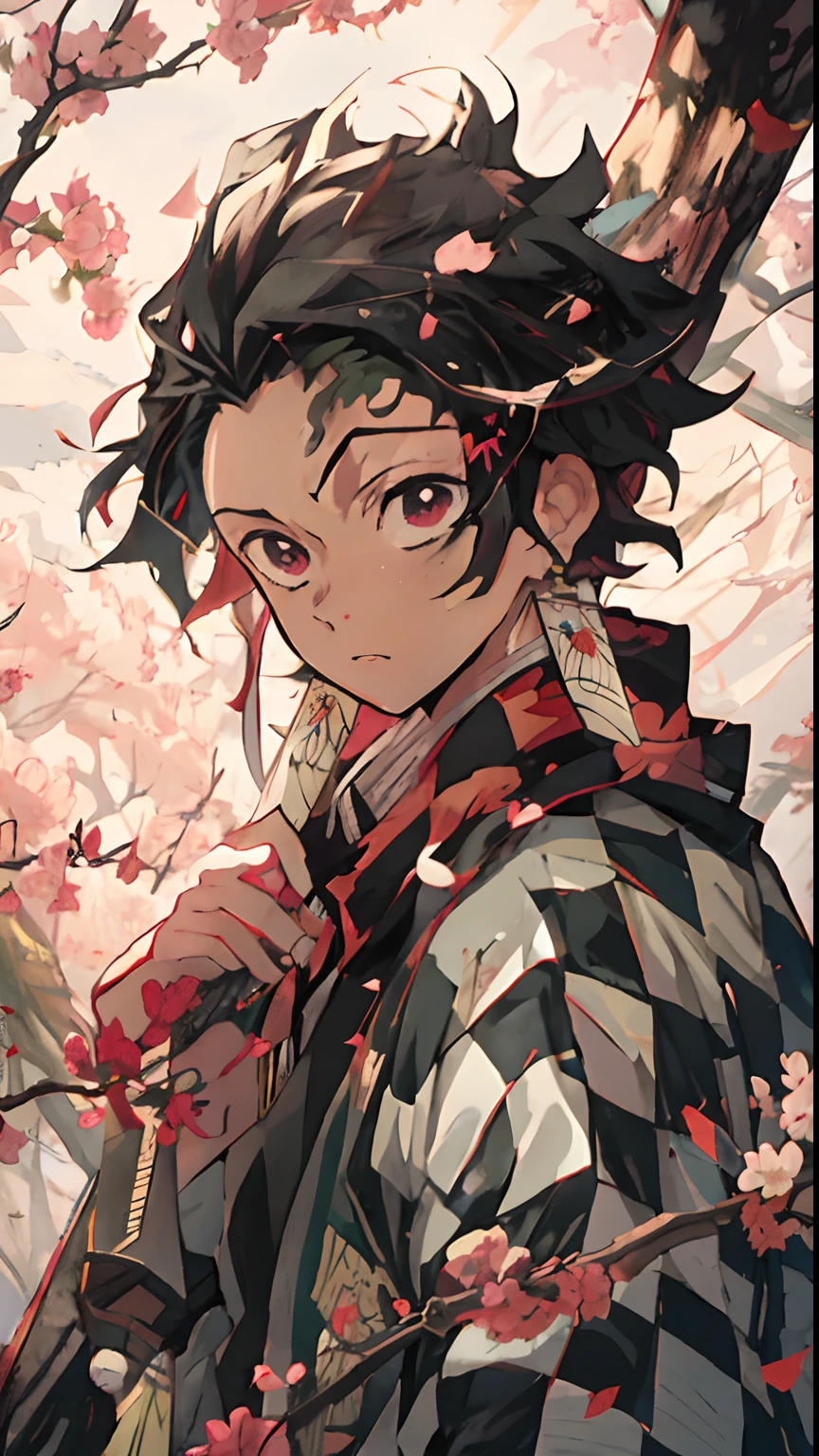 a man with a sword standing under a tree with flowers, handsome guy in demon slayer art, kimetsu no yaiba, demon slayer rui fanart, key anime art, demon slayer artstyle, inspired by Okumura Masanobu, detailed key anime art, anime cover, detailed anime character art, tsurumaki kazuya, official art