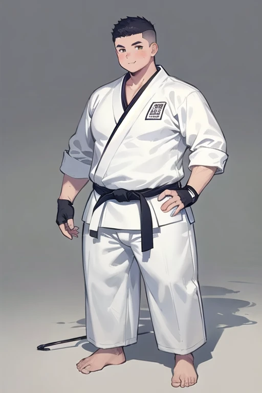 ((1boy_only, solo)), (chubby:1.2, stocky:1.2), ((white judo gi)), ((dougi)), barefoot, ((long pants)), (bara:1.2), (shota:0.25), buzz_cut, full body shot, ((cool, cute, awesome)), (fingerless gloves), (front_view), (chubby_face:0.8)