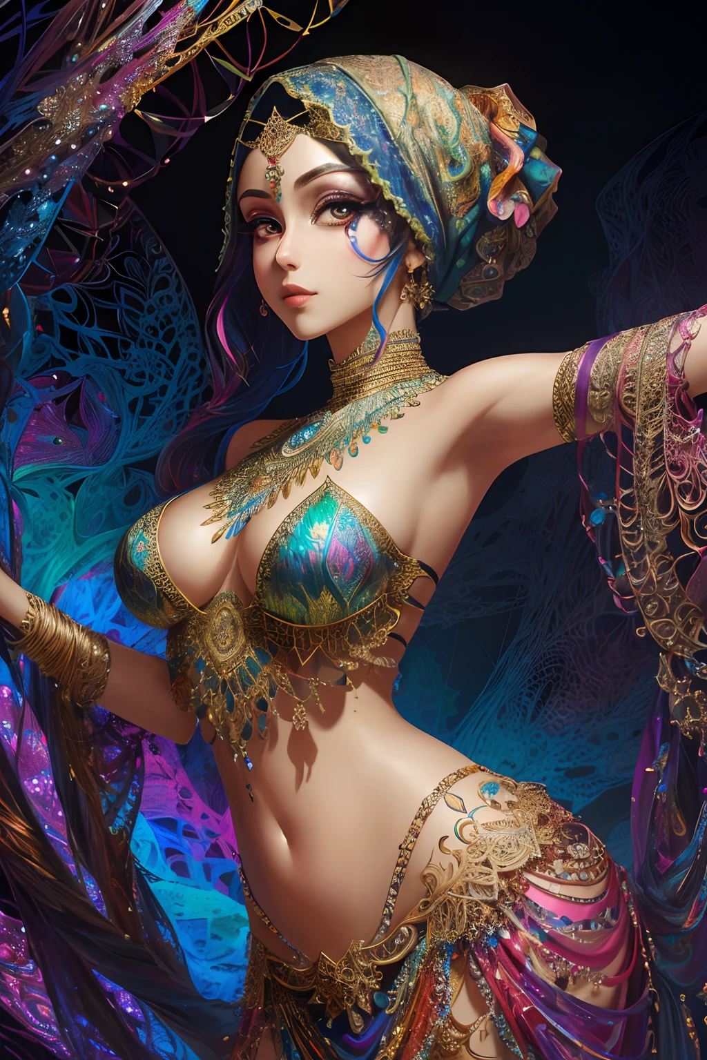 hijabi, bellydancer, highslit, (masterpiece, top quality, best quality, official art, beautiful and aesthetic:1.2), (1girl:1.3), extremely detailed,(fractal art:1.2),colorful,highest detailed,(zentangle:1.2), (dynamic pose), (abstract background:1.5), (shiny skin), (many colors:1.4), upper body, masterpiece, best quality,high quality,highres, 16K,RAW,ultra highres,ultra details,finely detail,an extremely delicate and beautiful,extremely detailed,real shadow, anime,highly detailed painted,award winning glamour paintting,wonderful paintting,art style,stylized,