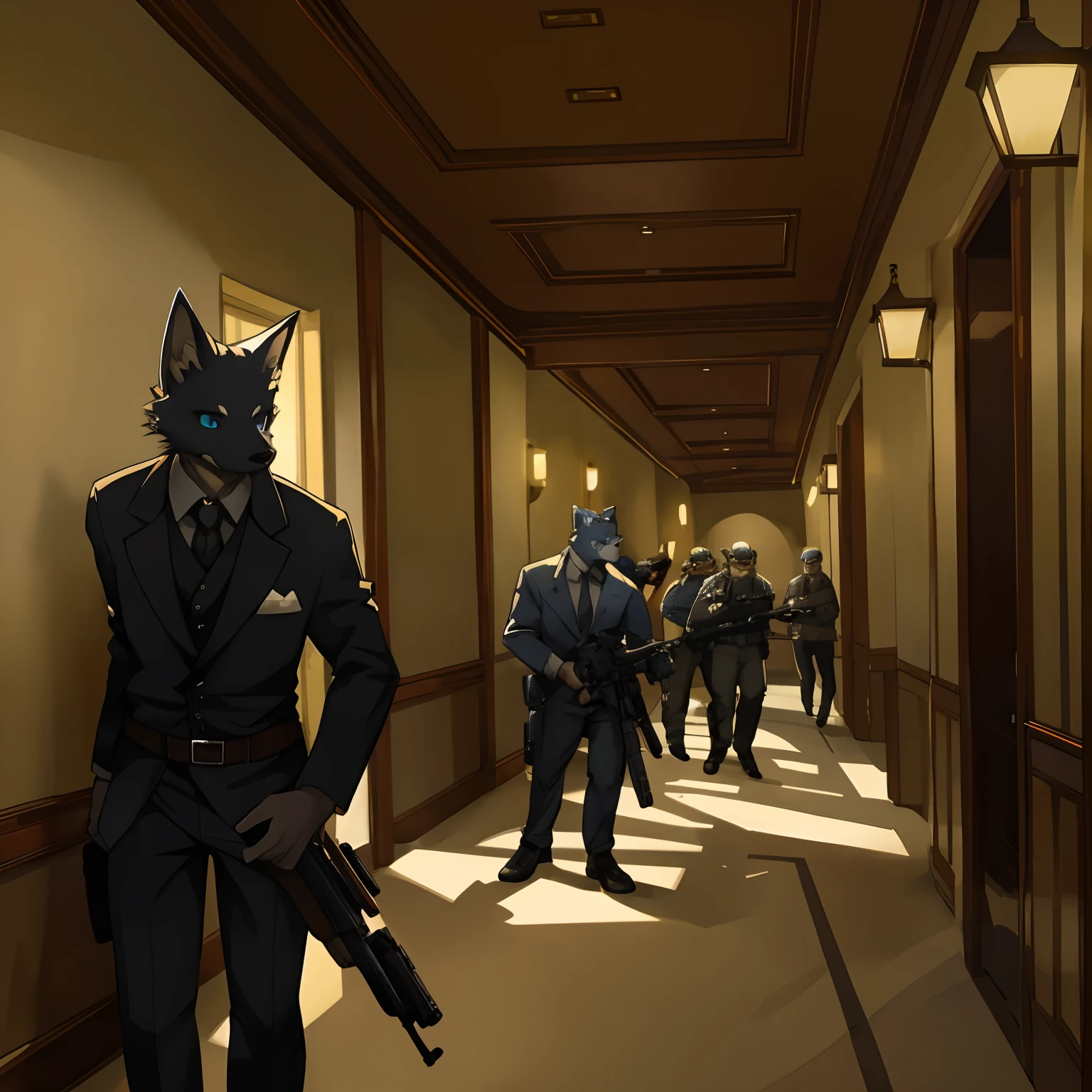 dynamic angle, top-quality, bestquality, high quality illustration, masterpiece, ultra-high resolution, detailed background, detailed background, Biohazards, The hotel's hallway is dim., Gun fights, Squad Shoot:0.1, 6+Boy, 6+youthful, package of games, Absurd(Beautiful faces and eyes are highly detailed.)perfect anatomy, expression, Good lighting, Movie Shadow(けもの, furry anthro),