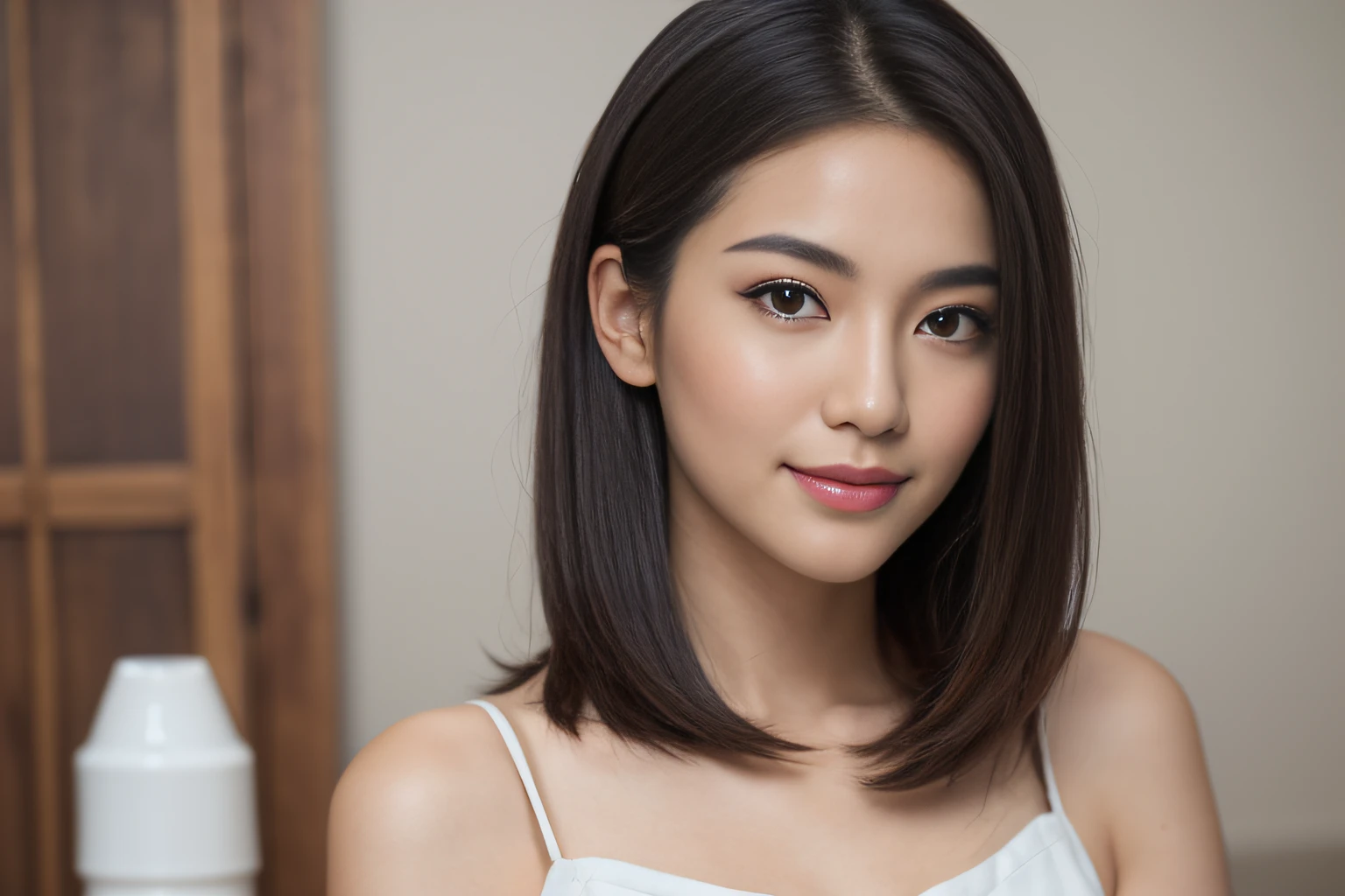 (Best Quality,8k,Absolutely beautiful:1.2),(Beautiful),Perfect body、Beautiful skin、gravure、Universal beauty、((top-quality、8k、masterpiece:1.3))、foco nítido:1.2、(((One beautiful Japan woman)))、Layered Haircut、Small breasts、Highly detailed facial and skin texture、 A detailed eye、skin tanned、Stand straight、smile,
