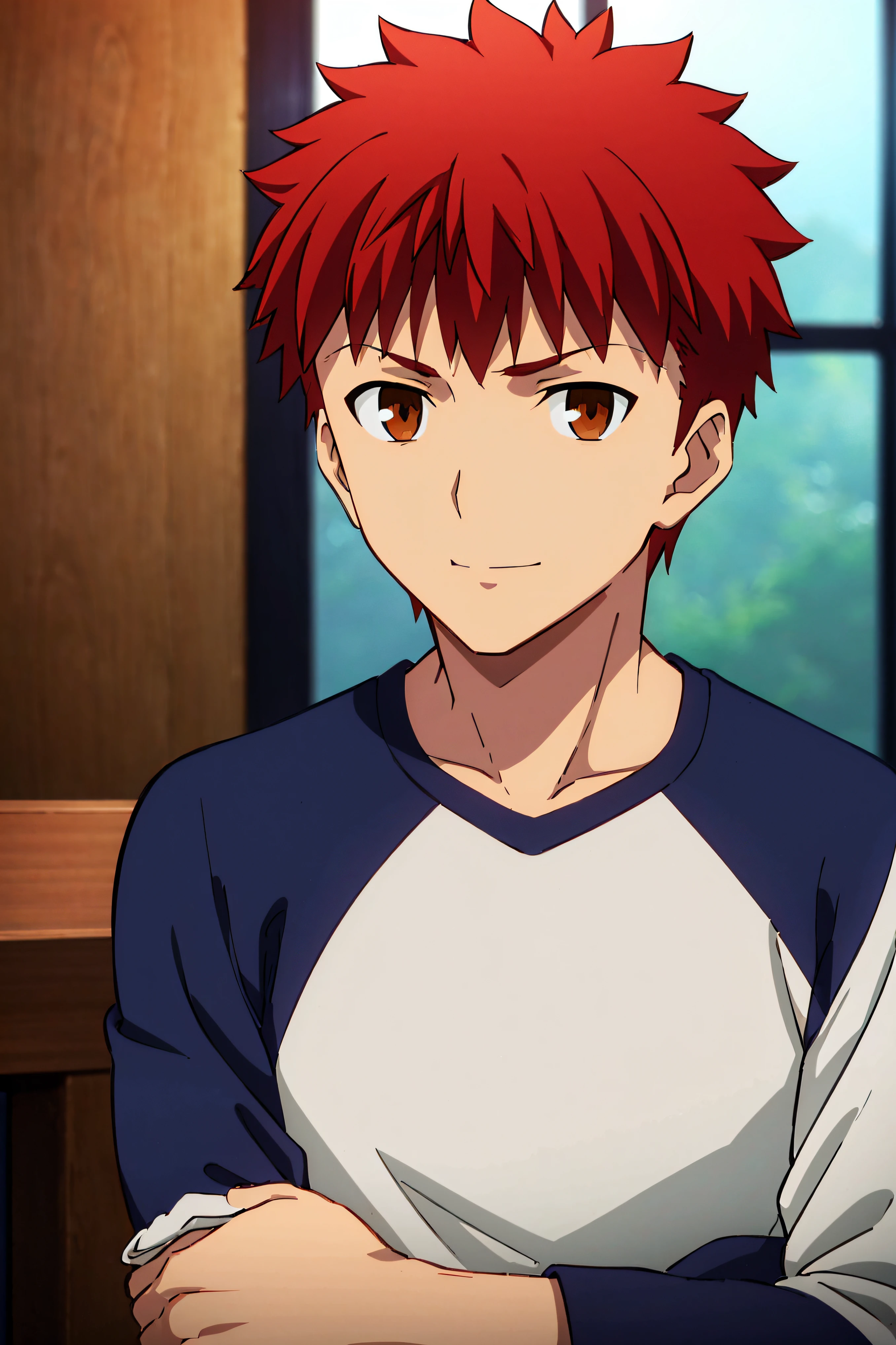 Shirou, red hair, spiky hair, golden eyes, raglan sleeve shirt, jeans, closed smile, eyes open, looking at viewer, 1boy, solo, looking at viewer, masterpiece, best quality, Upper body, bedroom, window, close up