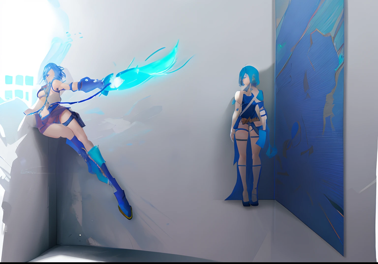 Anime character holding a sword and a blue-haired woman, concept character, League of Legends style, fantasy character concept, character posing for concept art, hori + concept-art, character concept, league of legends inspired, game character concept art, full body action concept art, concept art character, rpg concept art character, concept character art, rpg character concept art